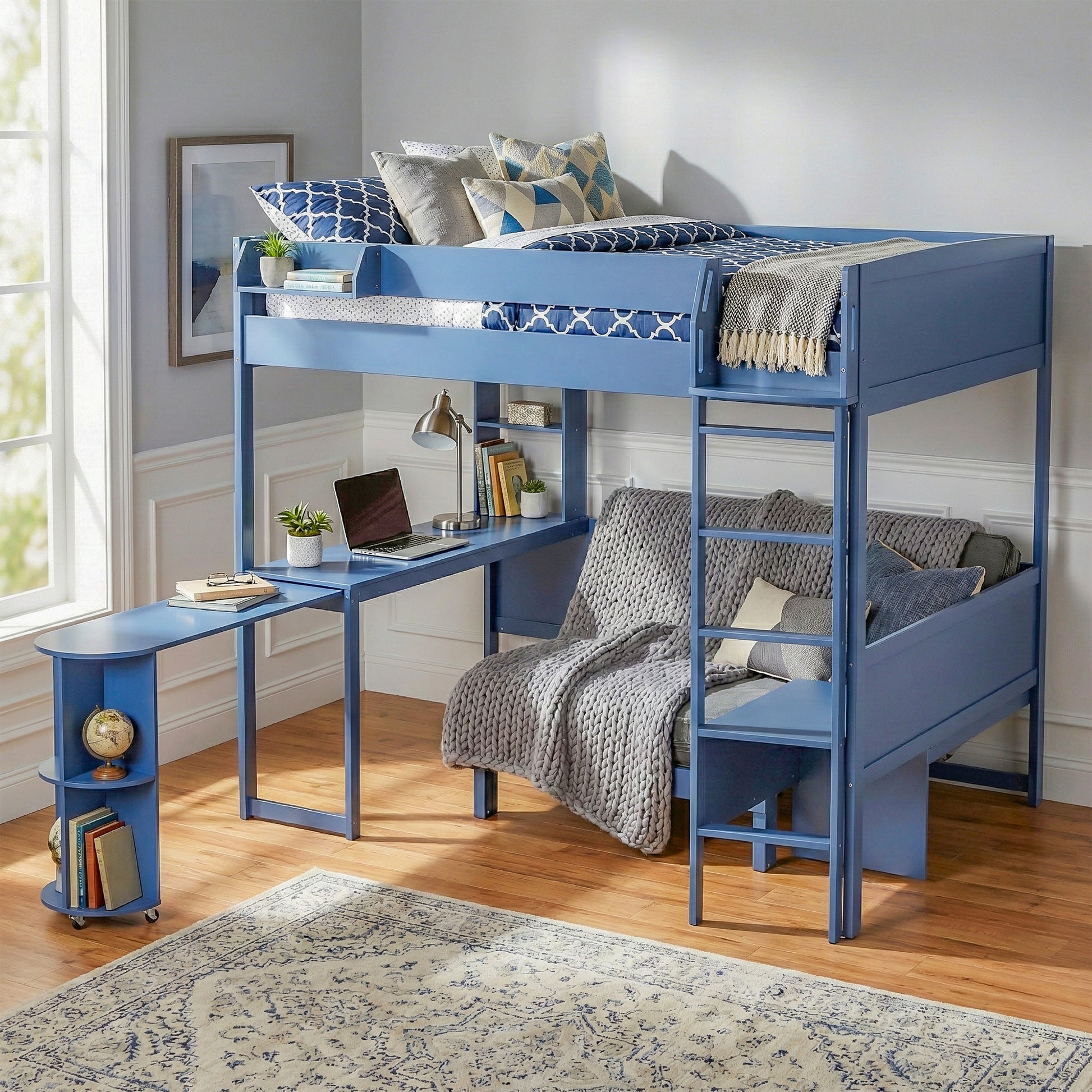 Brella blue full size loft bed showing lifestyle view with desk and seating area