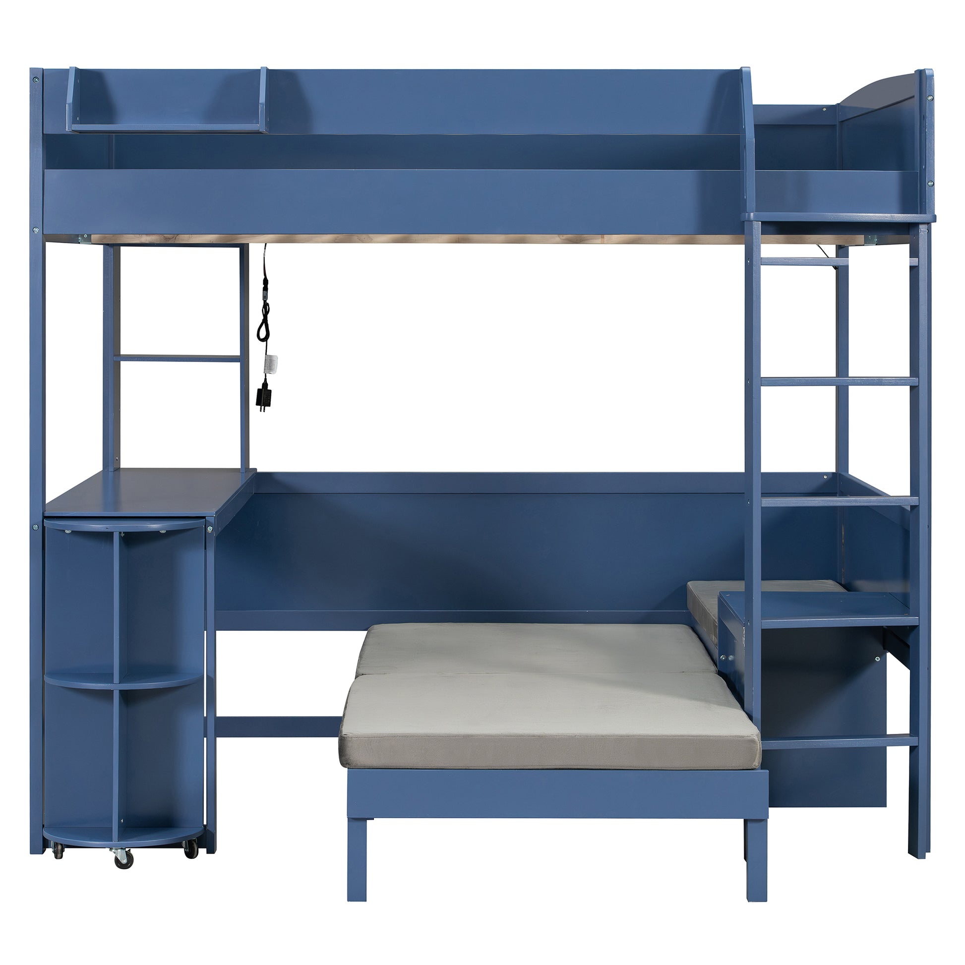 Brella blue full size loft bed showing front view with sofa
