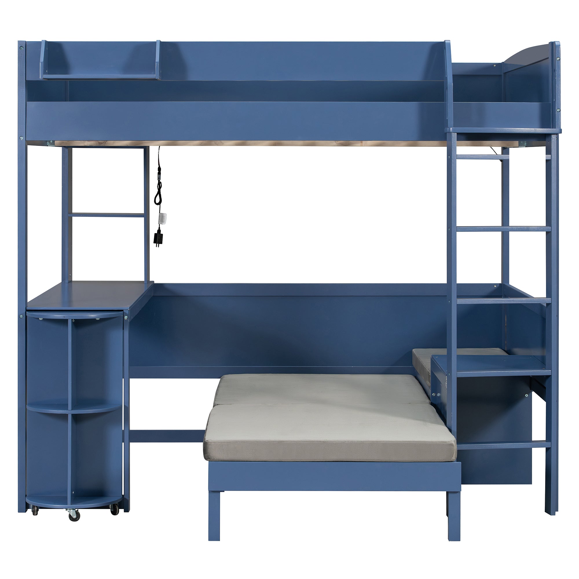 Brella blue full size loft bed showing front view with sofa