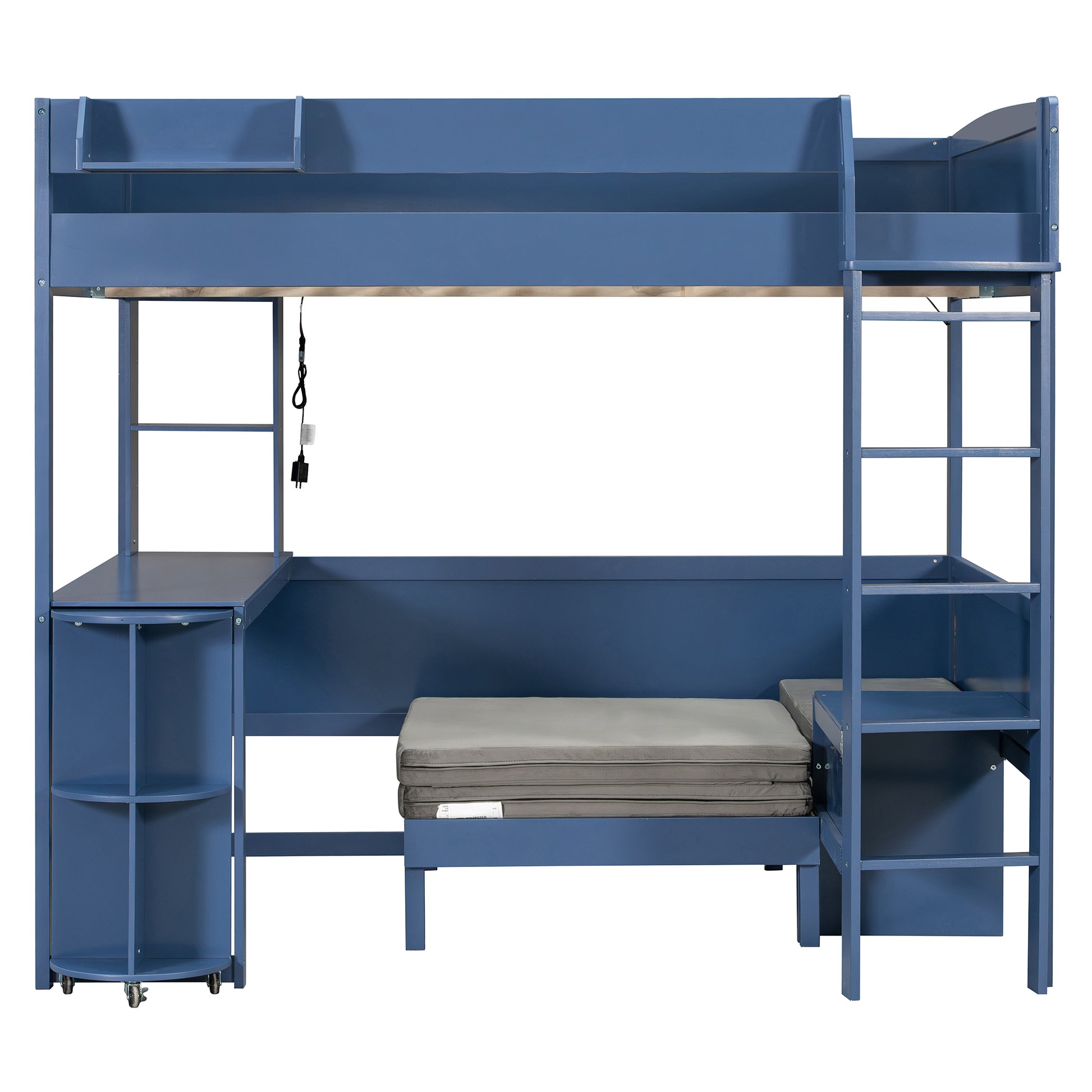 Brella blue full size loft bed showing front view with desk and storage