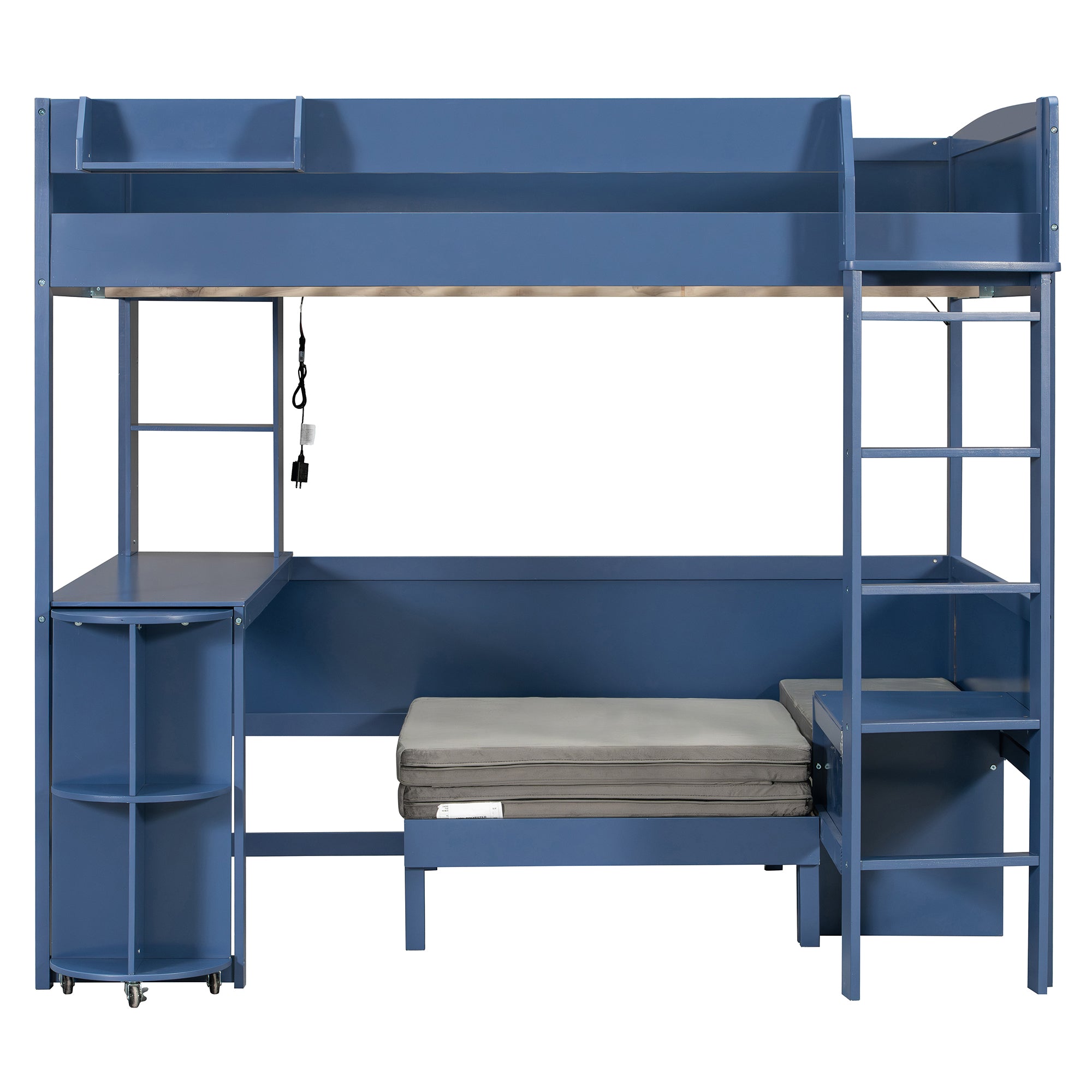 Brella blue full size loft bed showing front view with desk and storage