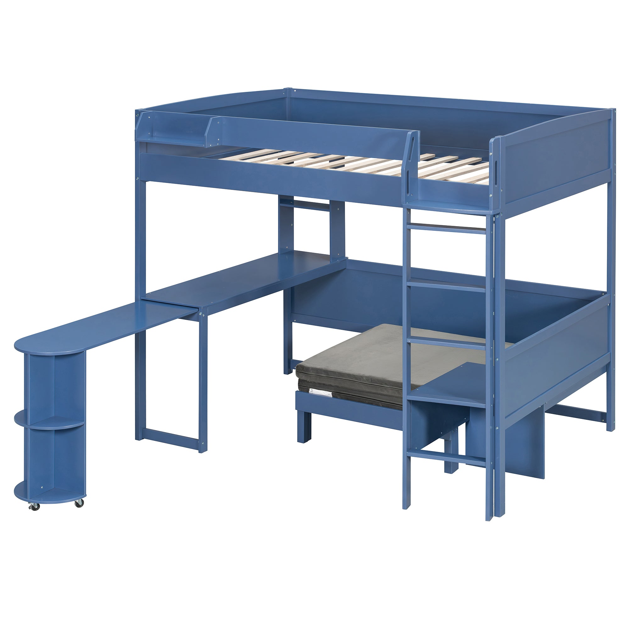 Brella blue full size loft bed showing angled view with desk and sofa