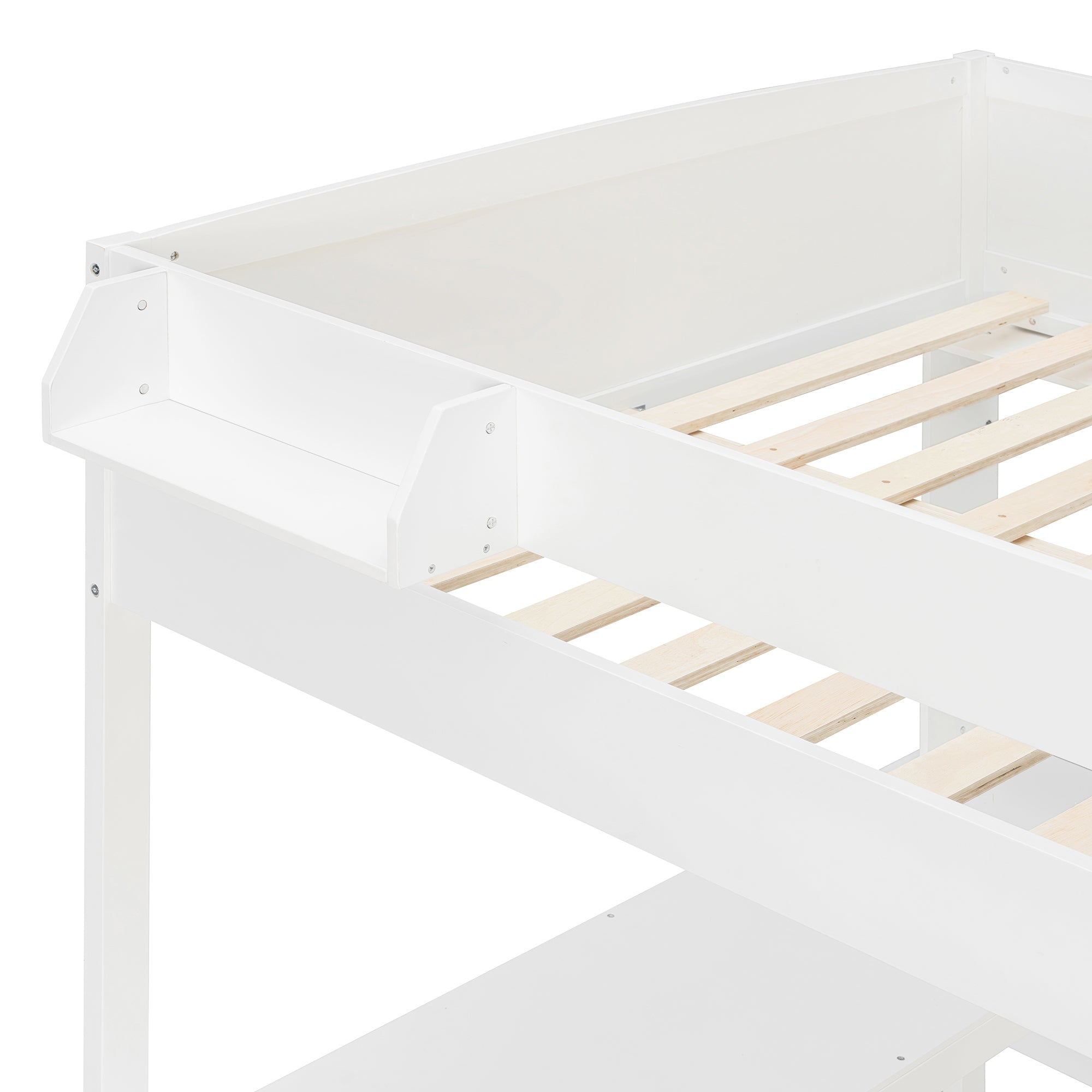 Brella white full size loft bed showing upper guardrail and slat support detail
