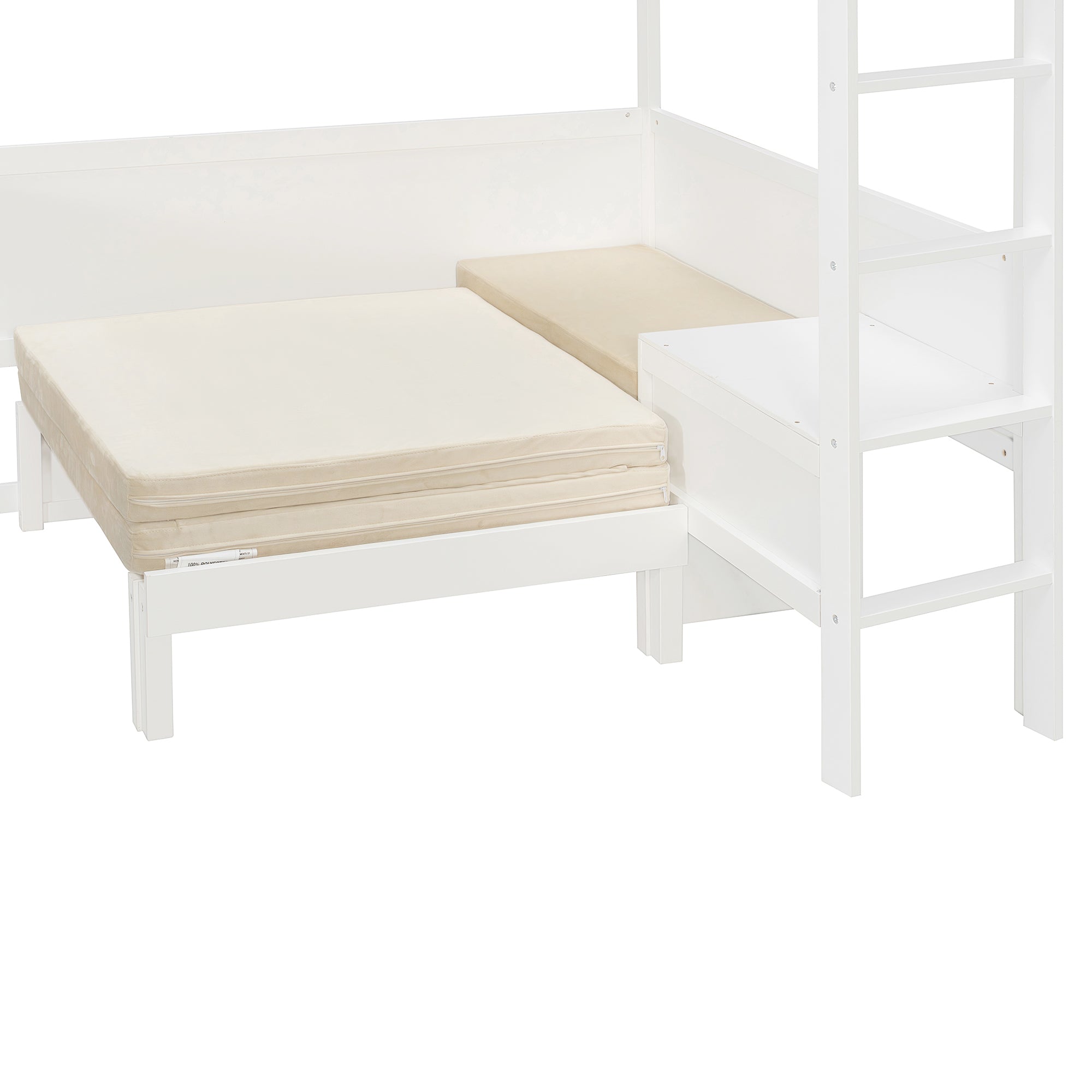 Brella white full size loft bed showing lower sofa platform detail