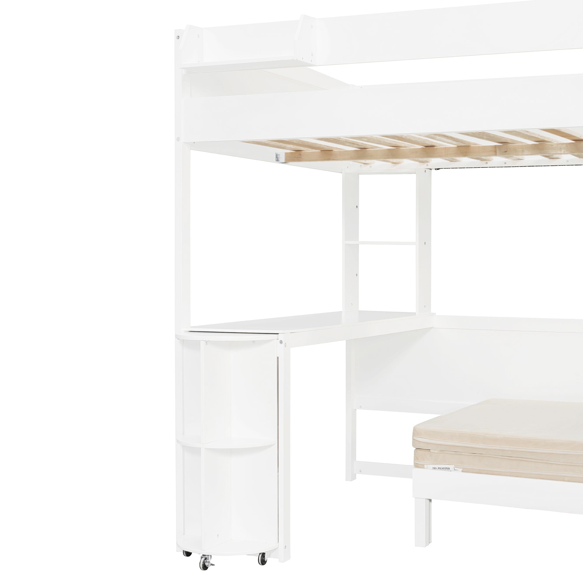 Brella white full size loft bed showing built-in desk and frame detail