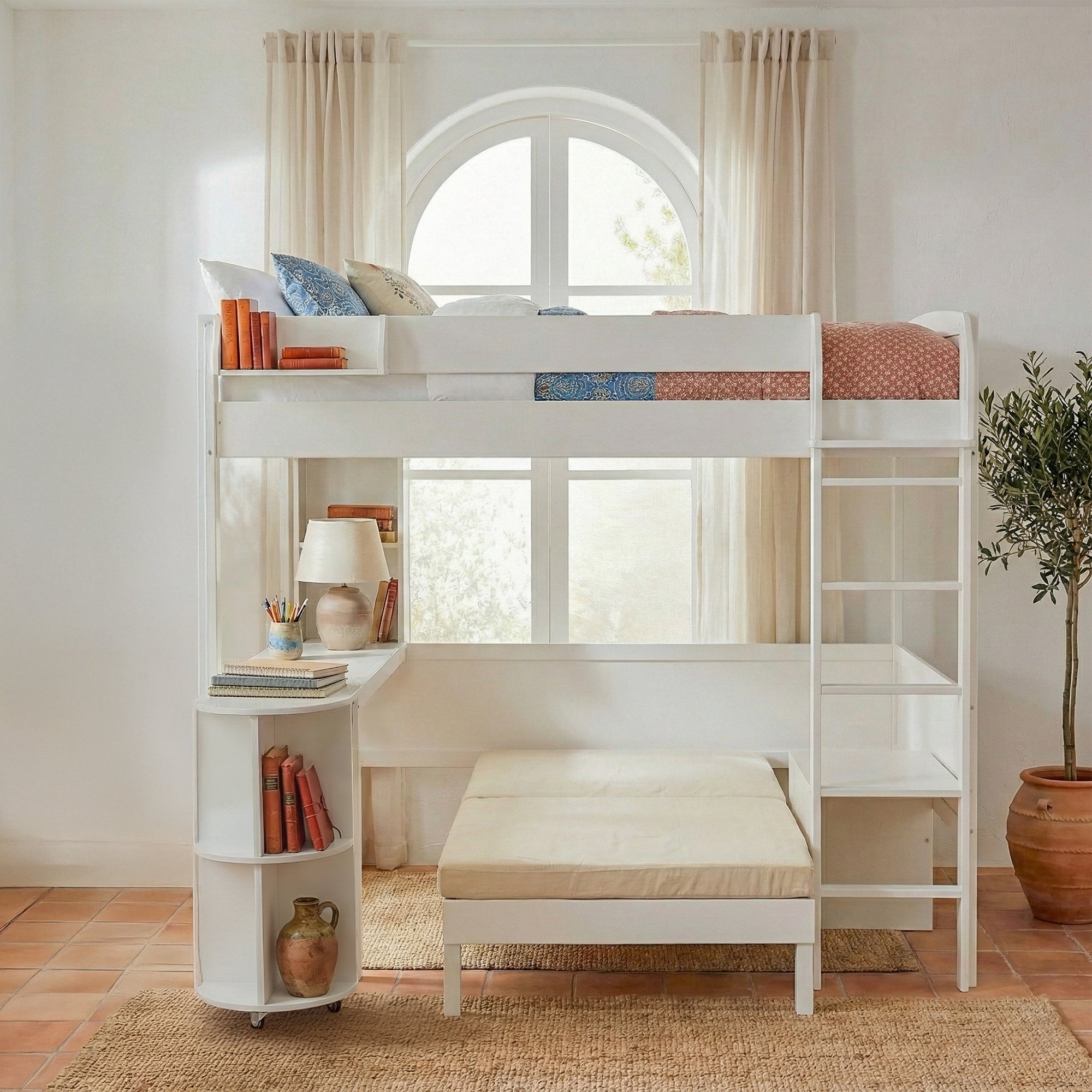 Brella white full size loft bed showing lifestyle view in bright bedroom