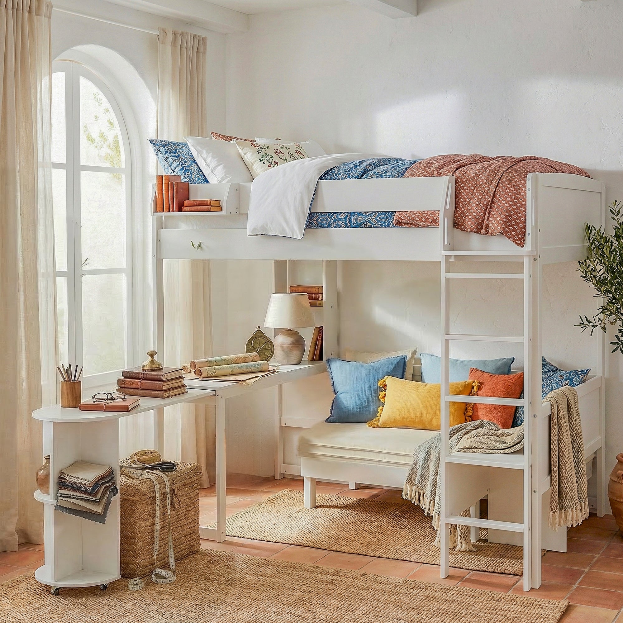 Brella white full size loft bed showing lifestyle view with sofa and storage