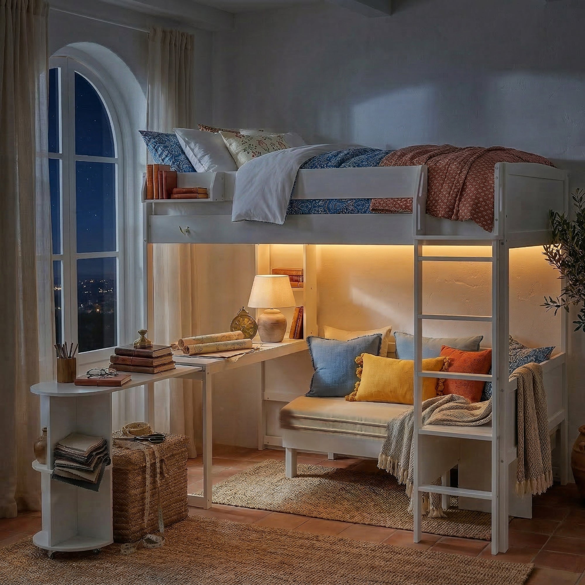 Brella white full size loft bed showing LED lighting in bedroom