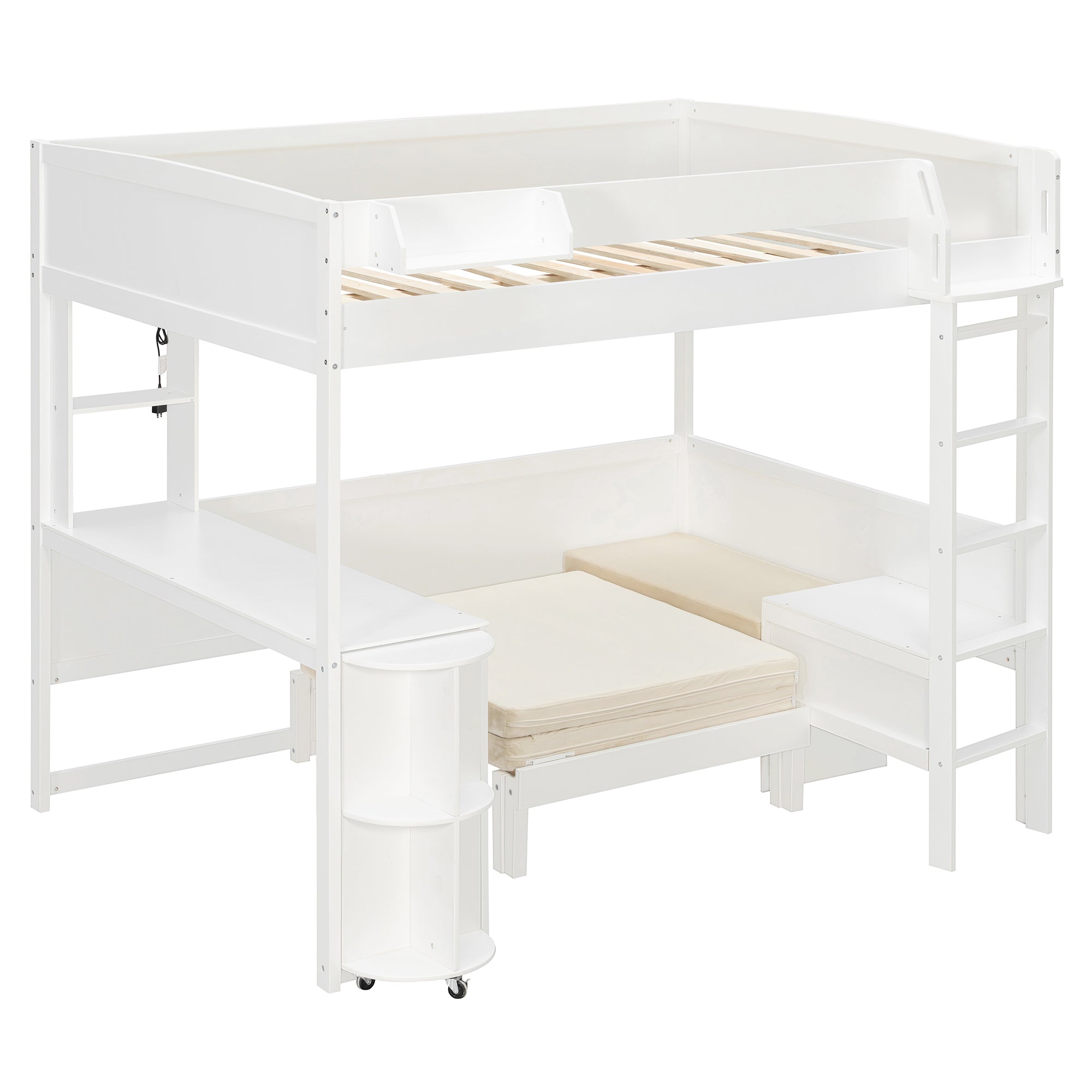 Brella white full size loft bed showing angled view with desk and sofa