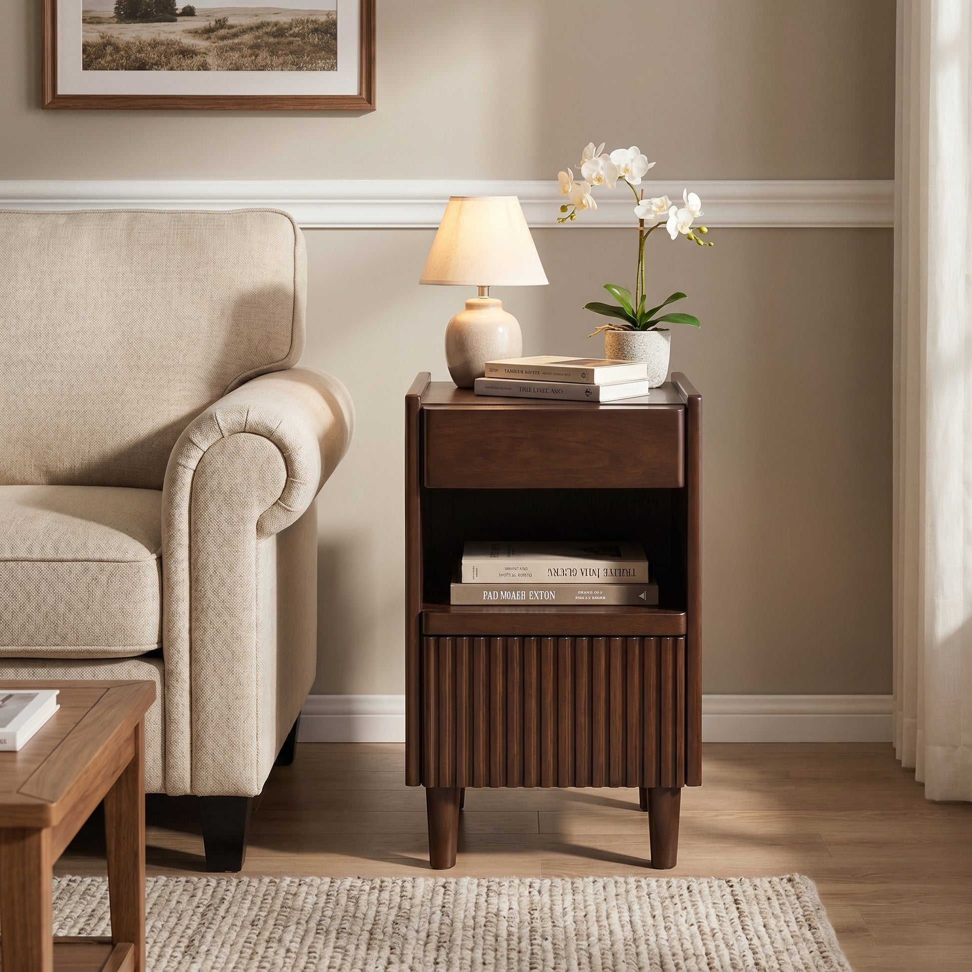 Brennor walnut nightstand showing front view with tabletop styling