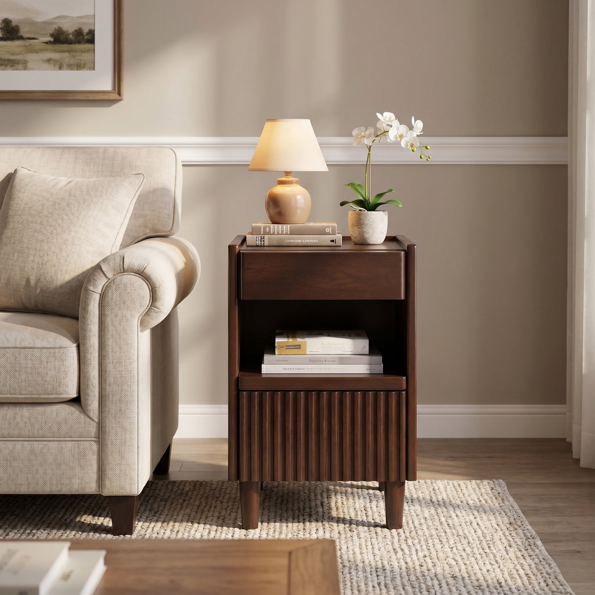 Brennor walnut nightstand showing front angled view in a bedroom