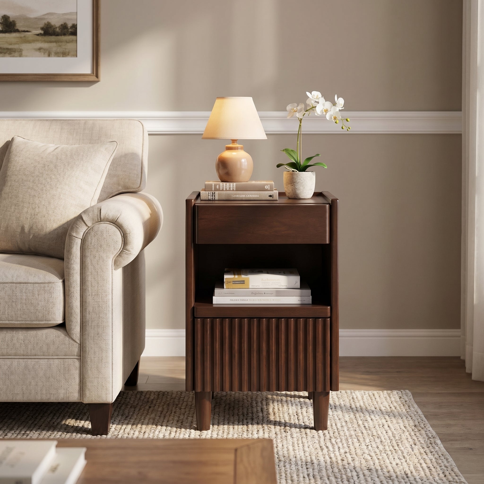 Brennor walnut nightstand showing front angled view in a bedroom