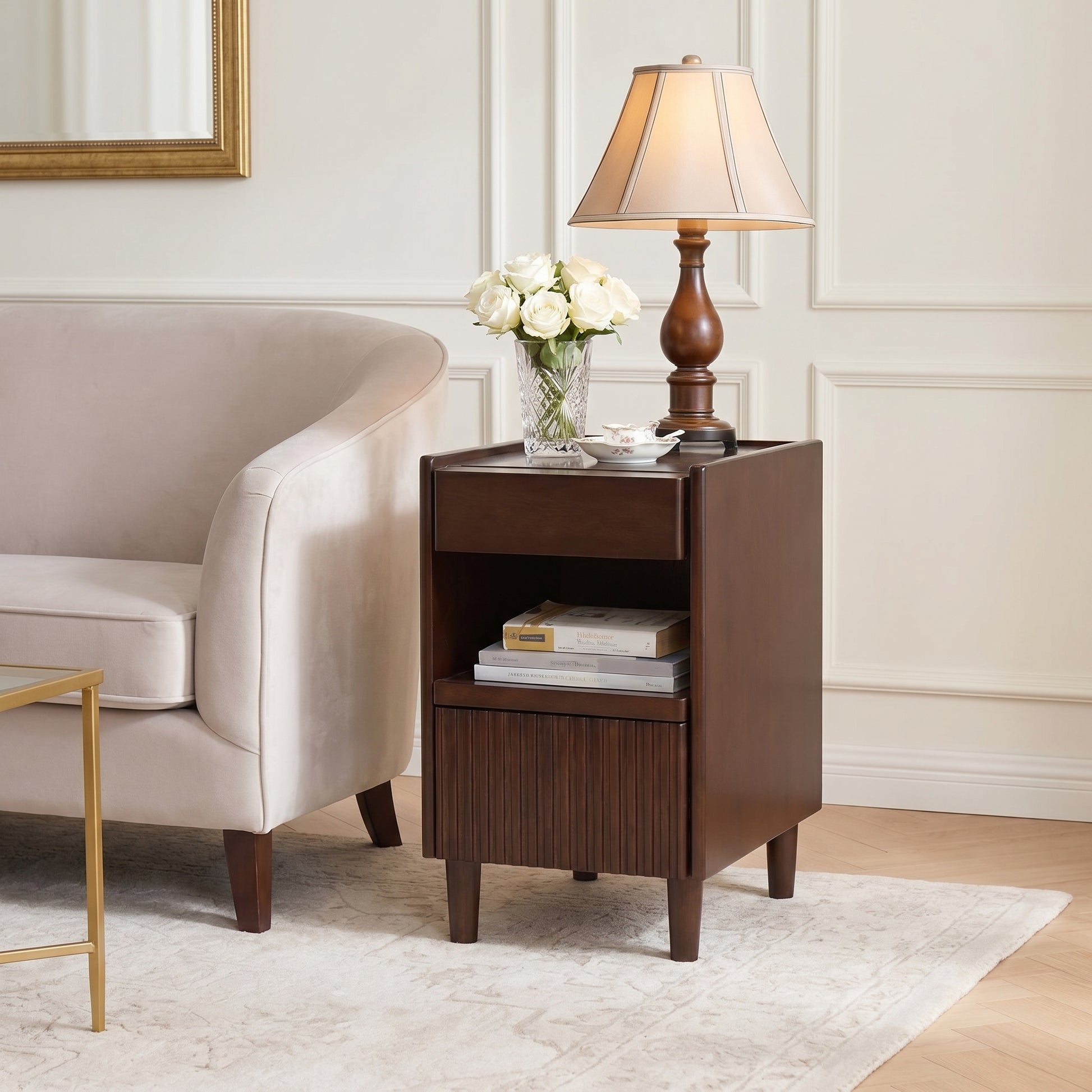 Brennor walnut nightstand showing bedside placement with open shelf storage