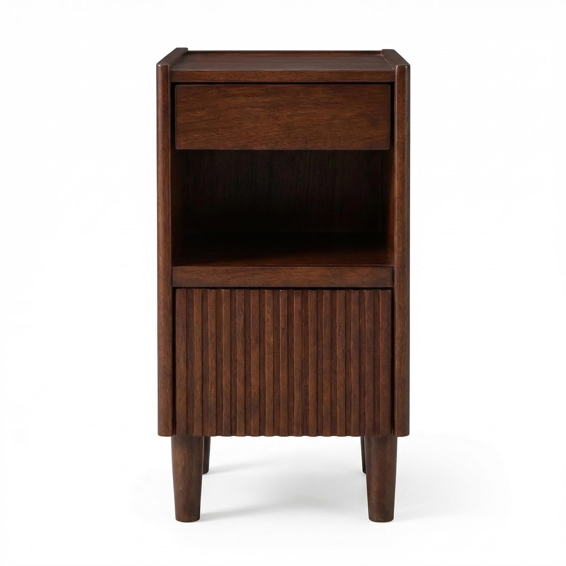Brennor walnut nightstand showing front view isolated on white background