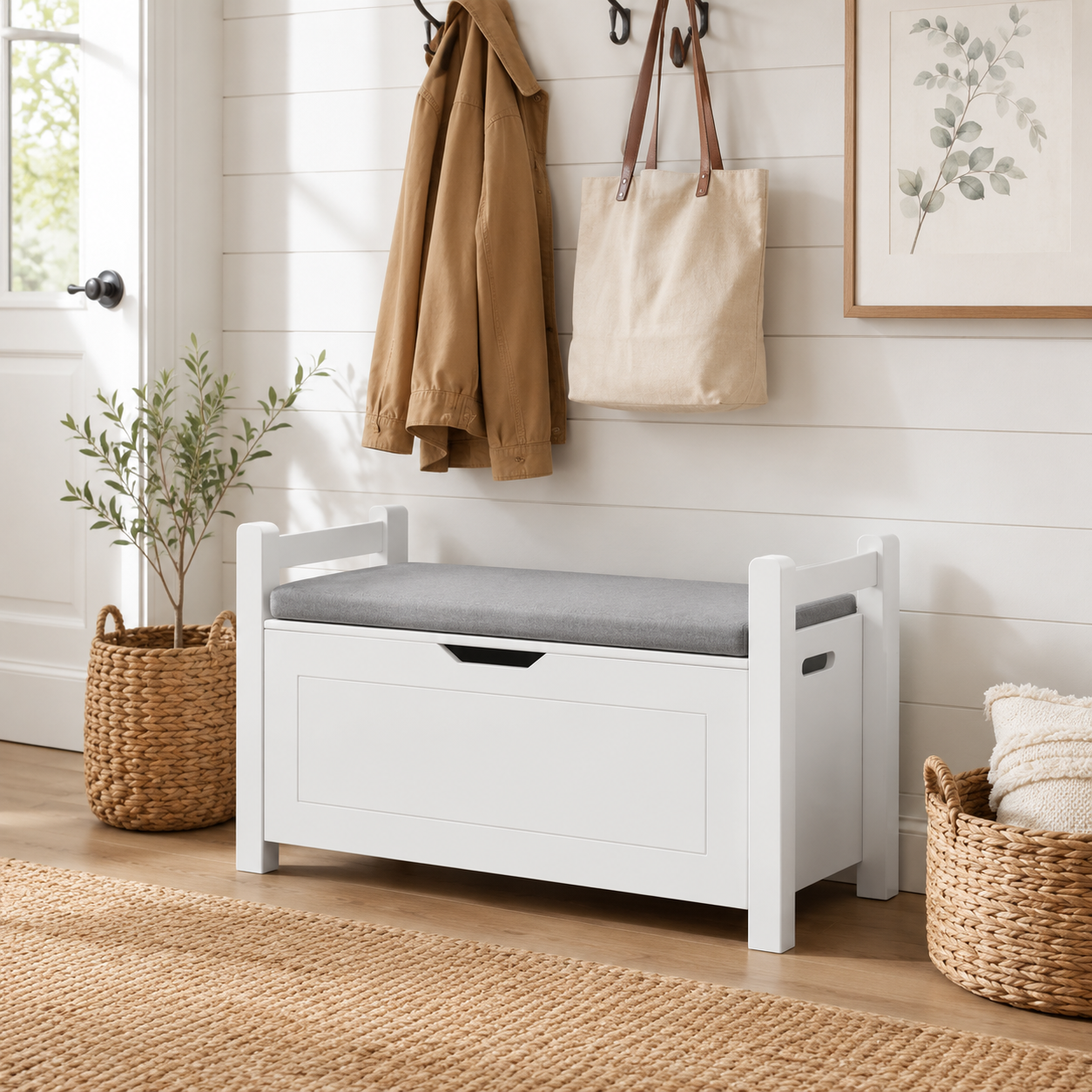 Brigton 35" Wood Storage Bench with  Cushioned Seat Top