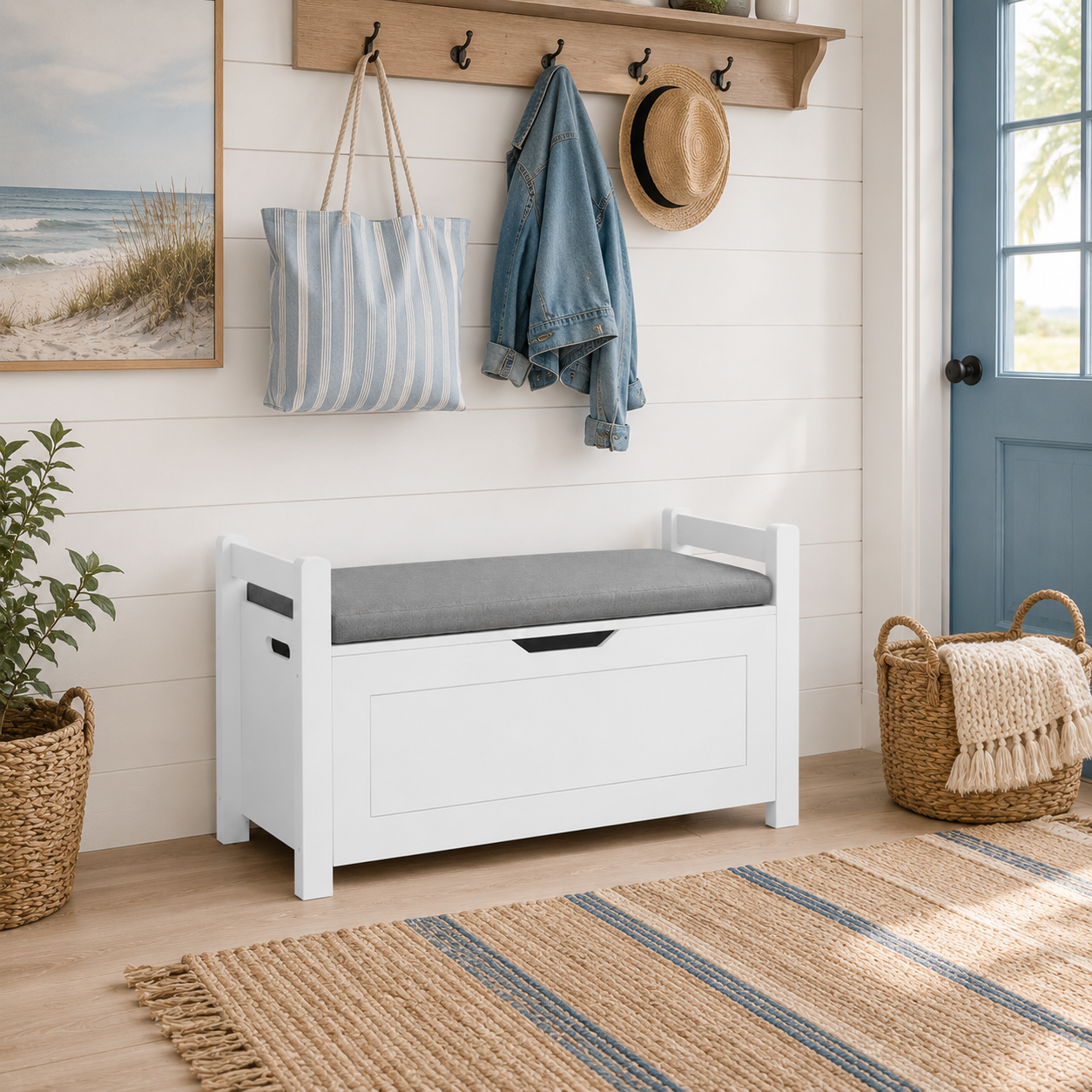 Brigton 35" Wood Storage Bench with  Cushioned Seat Top