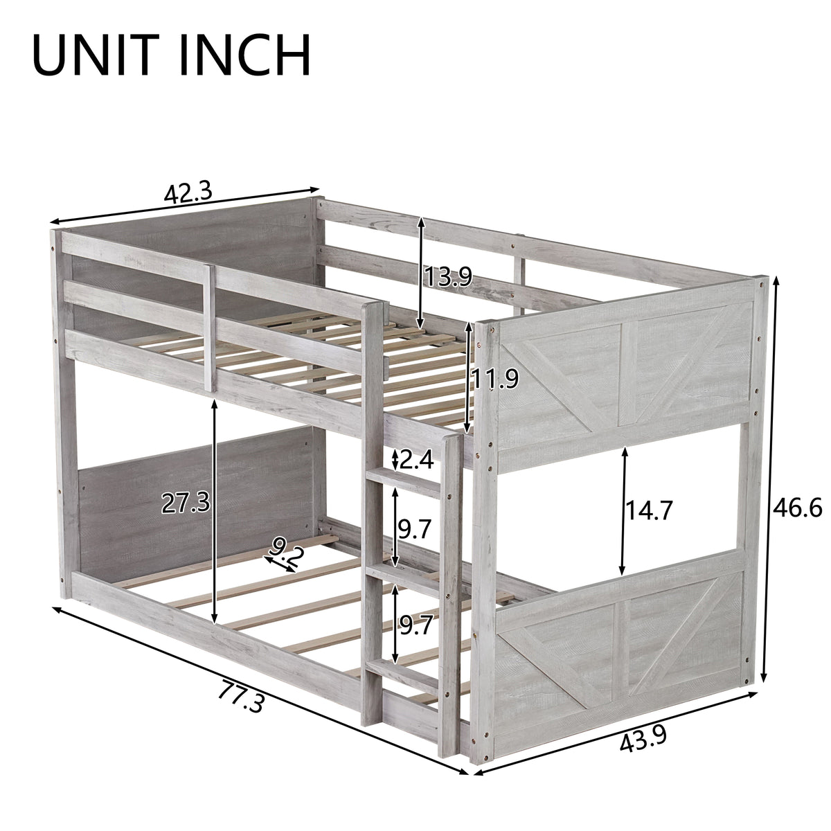 Brinor gray bunk bed showing dimensions
