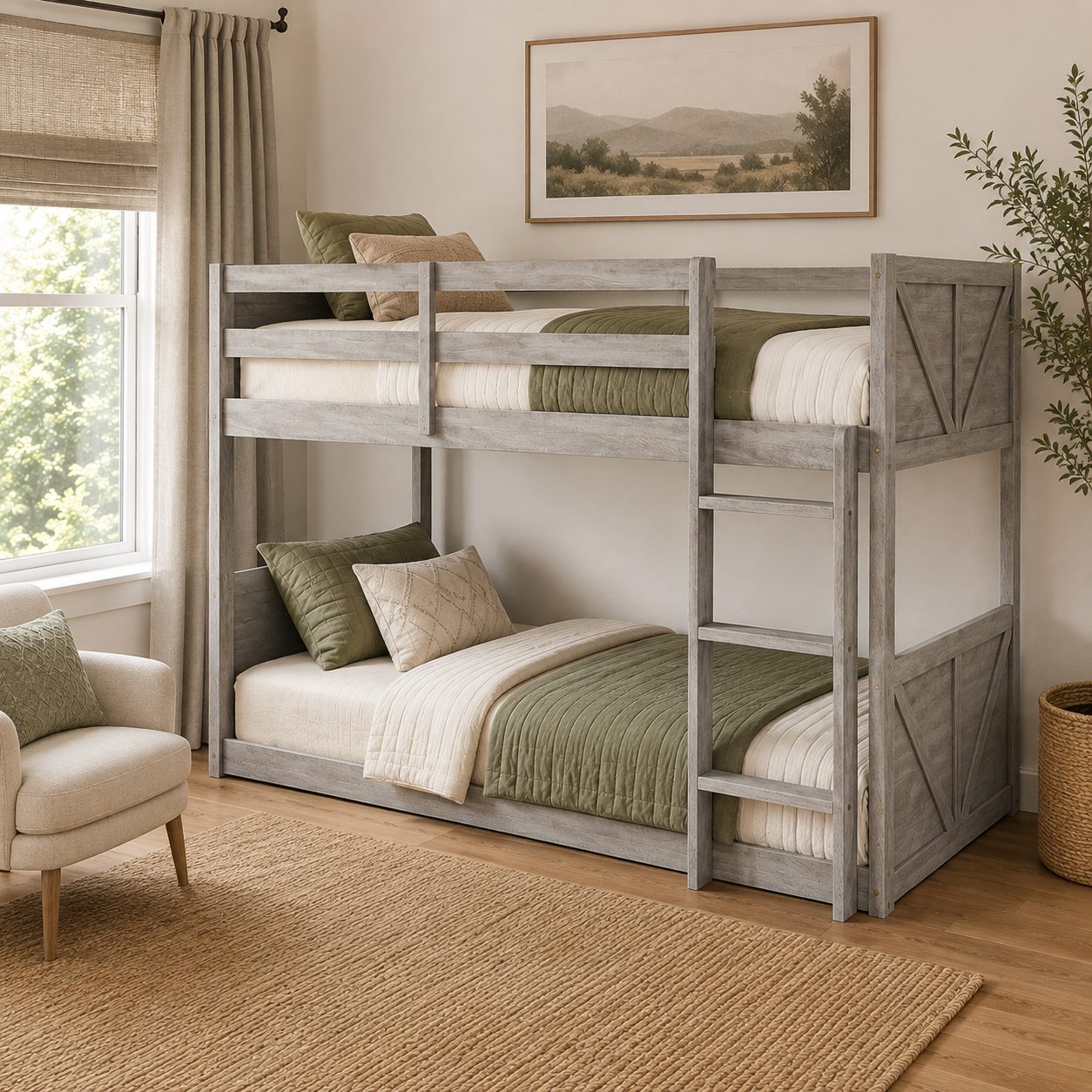 Brinor gray bunk bed showing a front-right angled view with ladder and paneled end boards in a bright bedroom