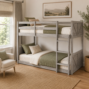 Brinor gray bunk bed showing a front-right angled view with ladder and paneled end boards in a bright bedroom