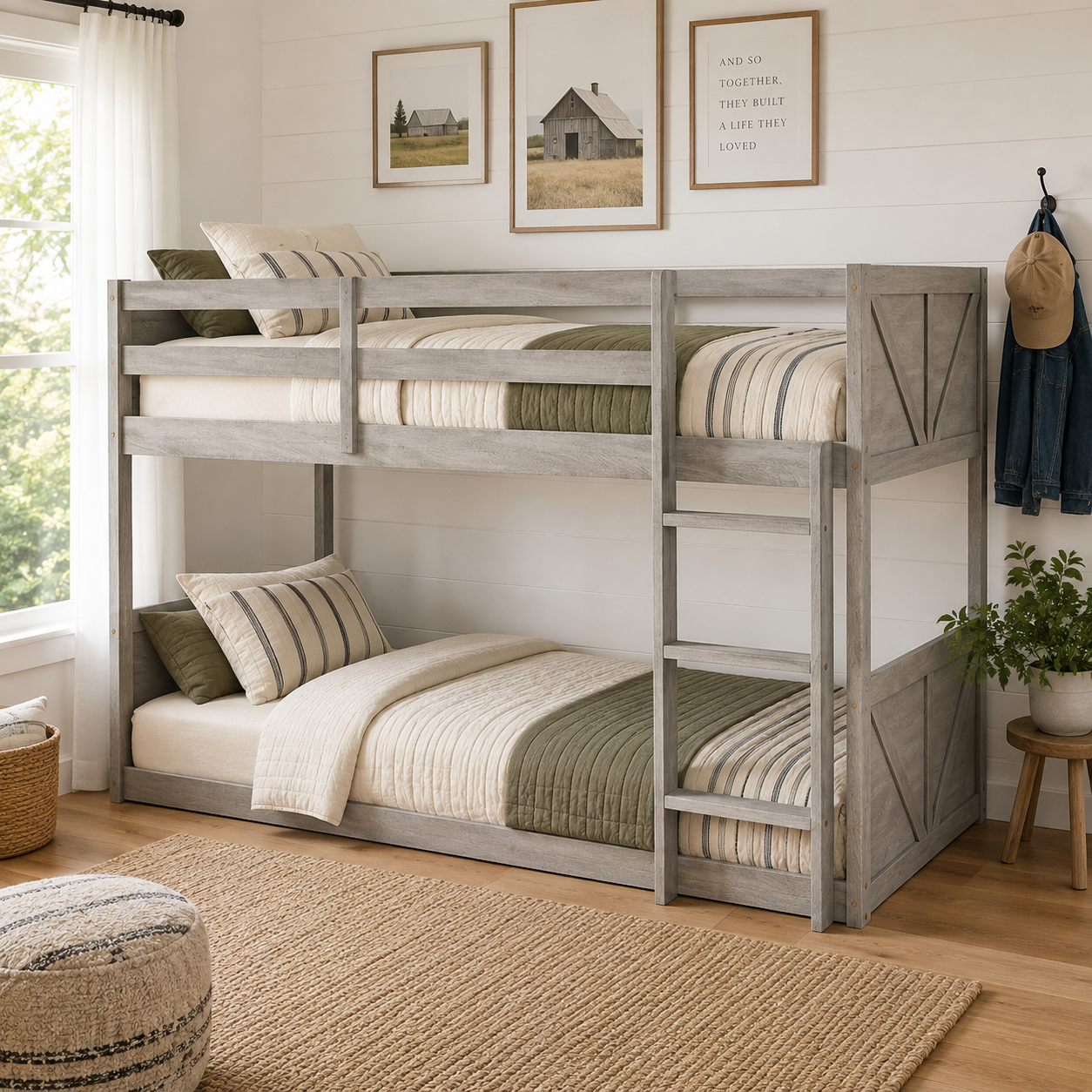 Brinor gray bunk bed showing a near-front view with blue bedding and ladder on the right side