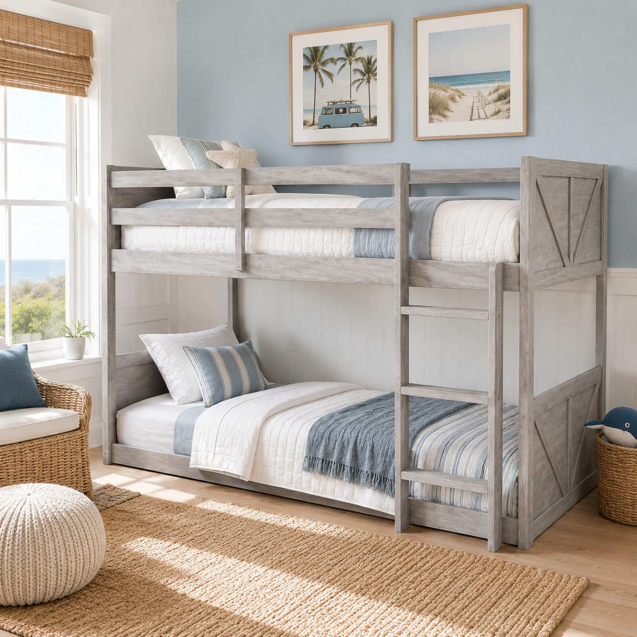 Brinor gray bunk bed showing a front-right angled view with paneled end boards and upper guardrails