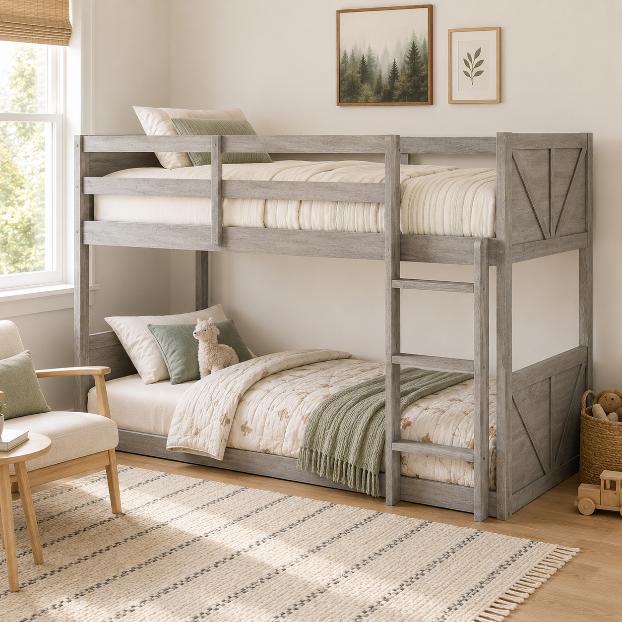Brinor gray bunk bed showing a front angled bedroom view with ladder and lower floor sleeping area