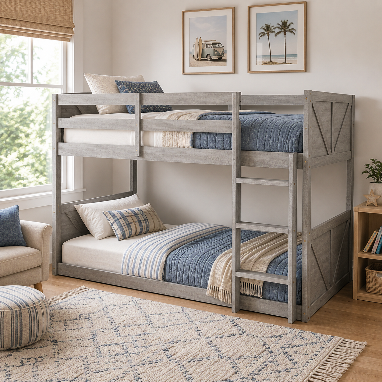 Brinor gray bunk bed showing a close front-right room view with ladder and paneled footboard