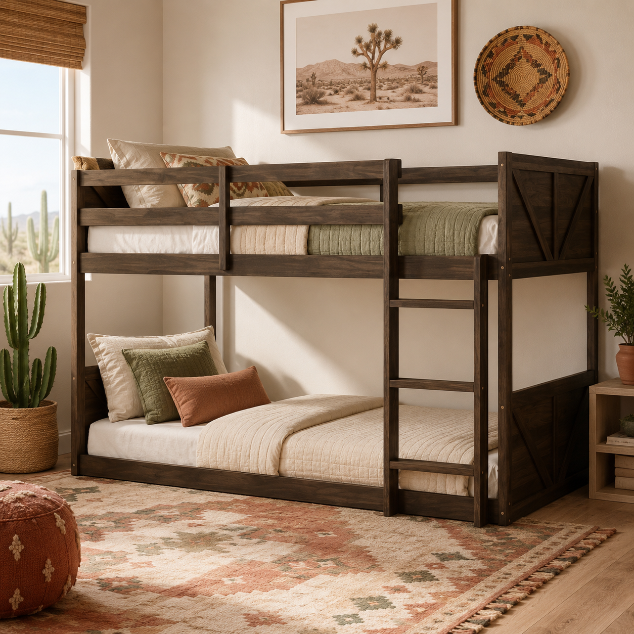 Brinor walnut bunk bed showing a front-right angled view with paneled end boards in a warm bedroom