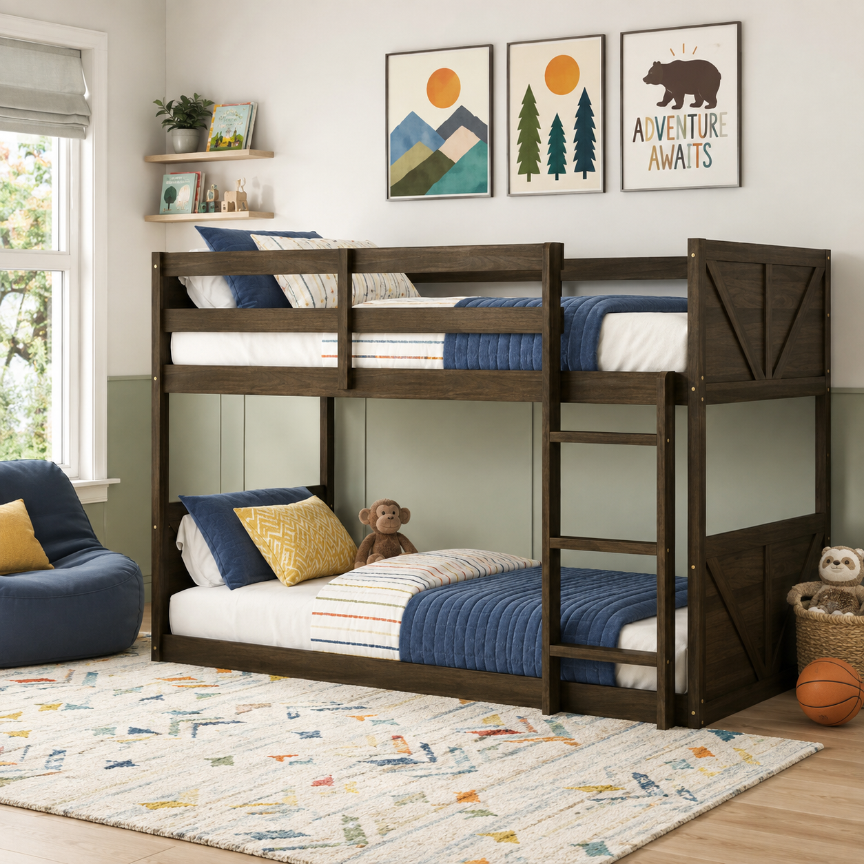 Brinor walnut bunk bed showing a near-front view with ladder and full-length upper guardrails