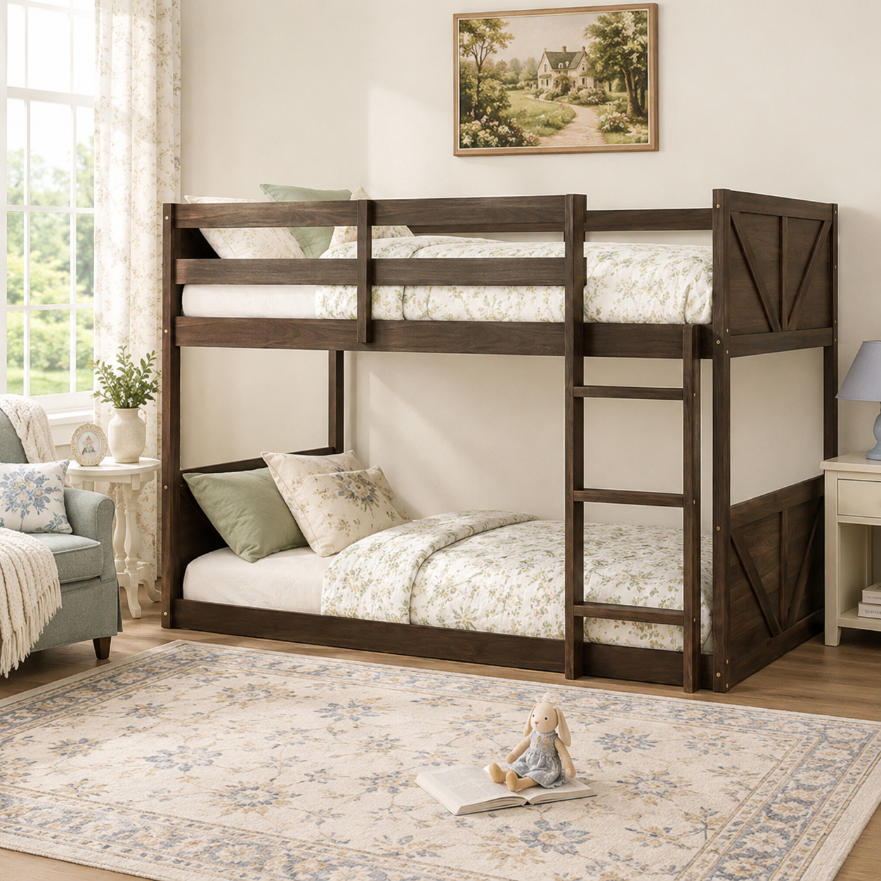 Brinor walnut bunk bed showing a front-right angled view with the paneled footboard visible