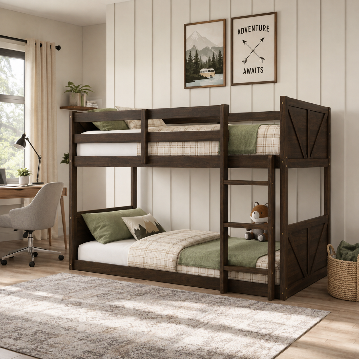 Brinor walnut bunk bed showing a front angled view with ladder and paneled end boards in a bright bedroom