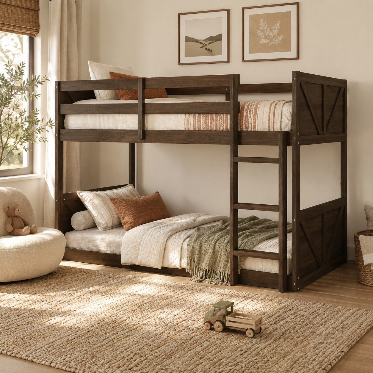 Brinor walnut bunk bed showing a close front-right room view with upper guardrails and lower floor bed