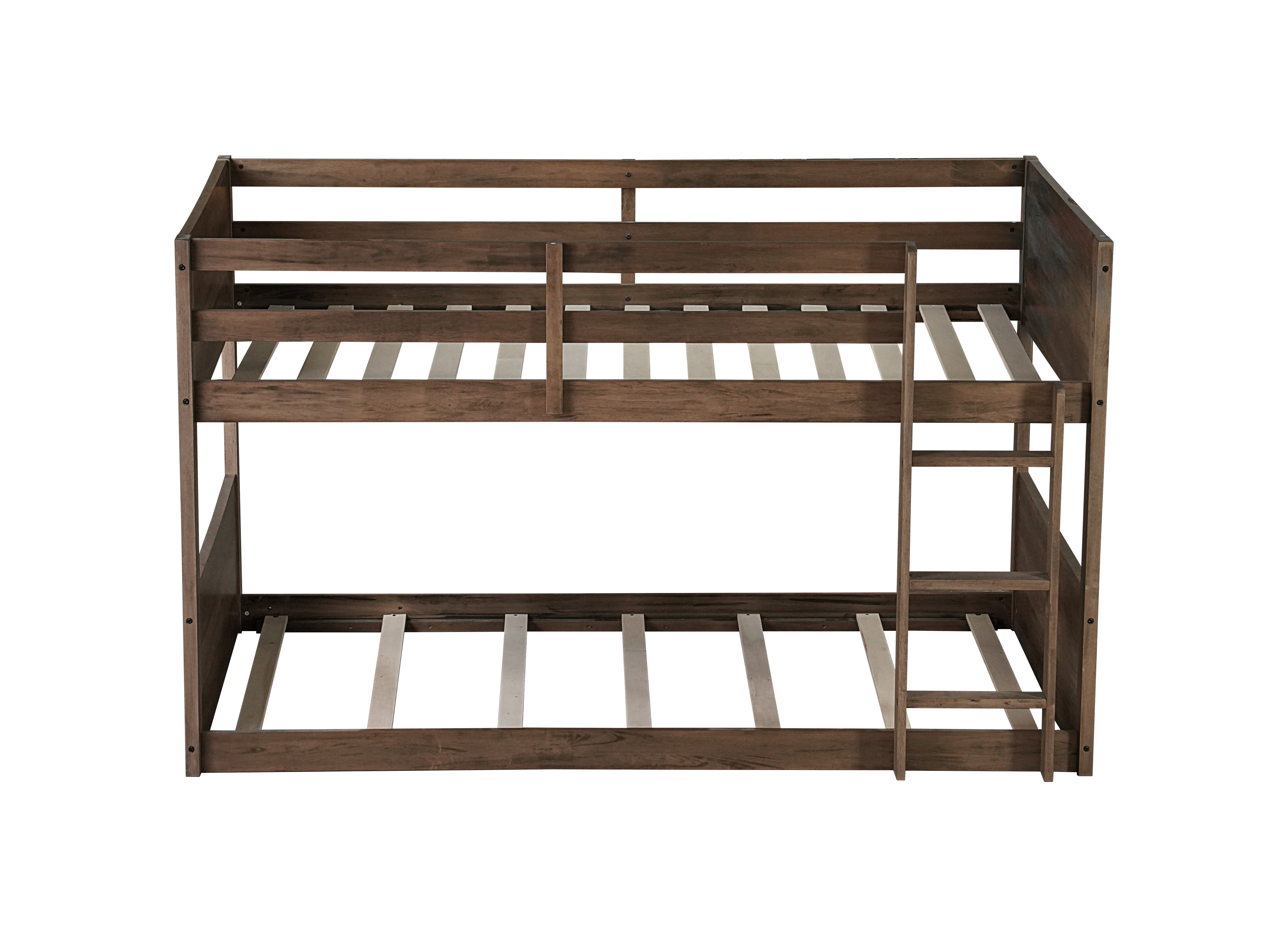 Brinor walnut bunk bed showing the straight front view with ladder positioned on the right side