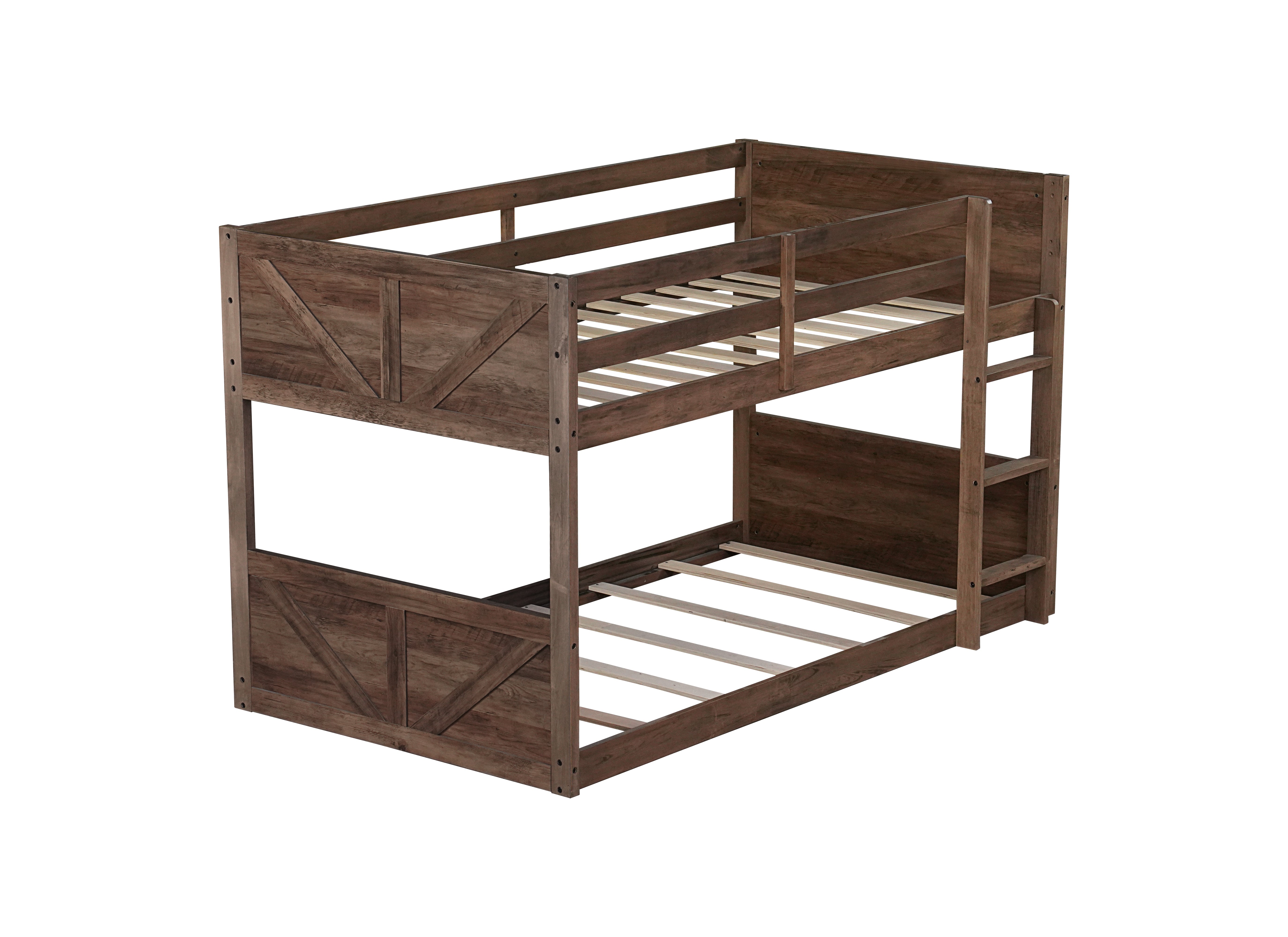 Brinor walnut bunk bed showing a front-right angled view with paneled end boards on white background