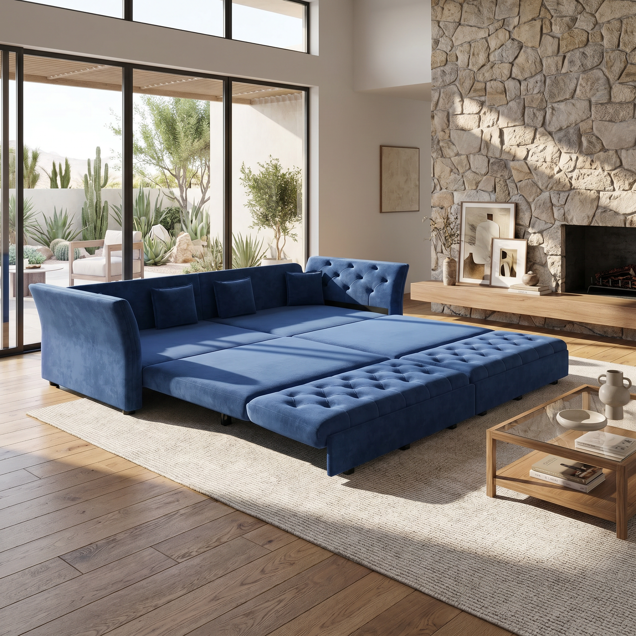 Brockton blue velvet oversize pull-out sleeper sofa bed displayed in modern living room in sleeper configuration