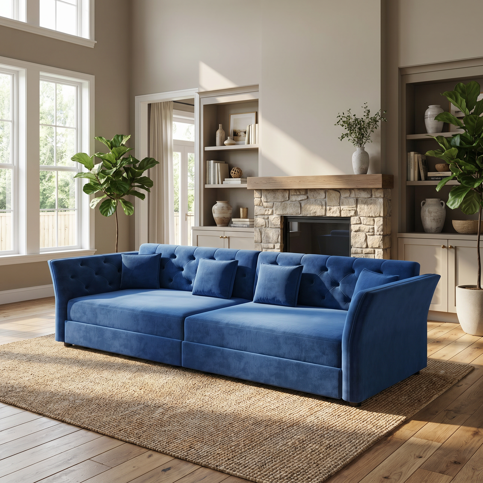 Brockton blue velvet oversize pull-out sleeper sofa bed styled in contemporary living room setting