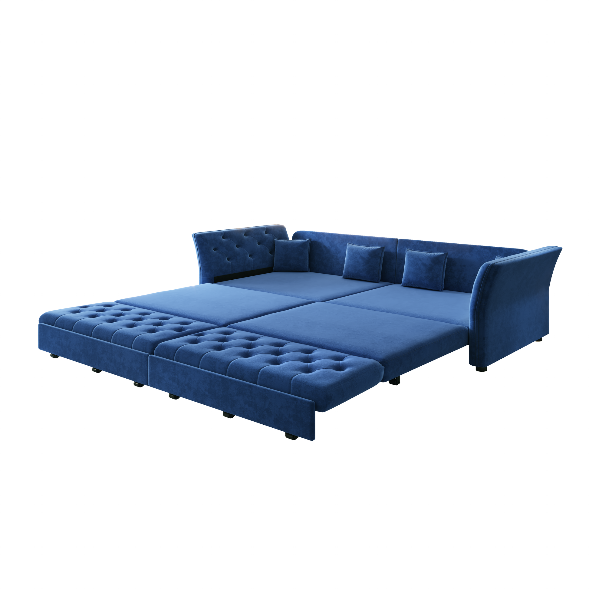 Brockton blue velvet oversize pull-out sleeper sofa bed converted into sleeper mode isolated on white background