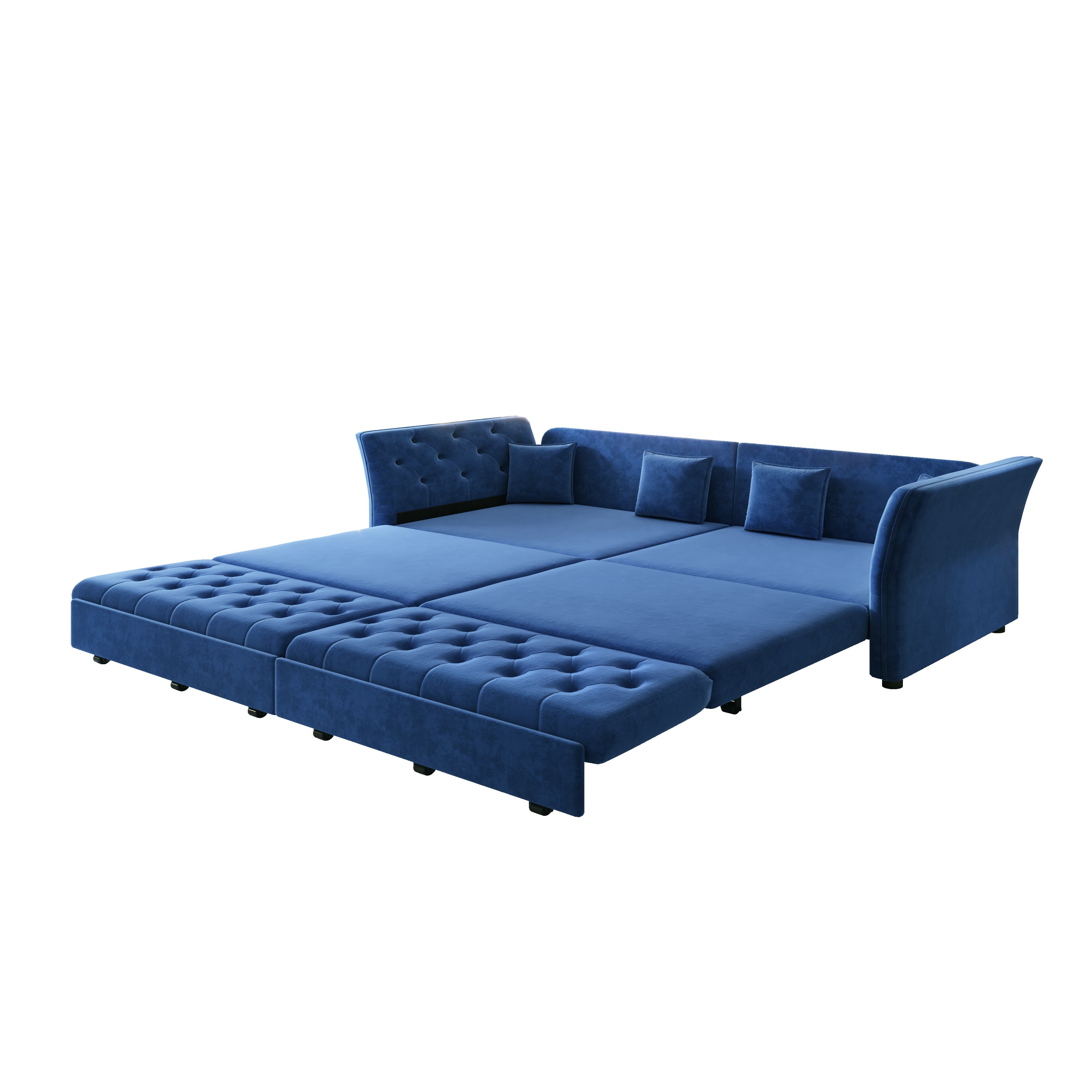 Brockton blue velvet oversize pull-out sleeper sofa bed converted into sleeper mode isolated on white background