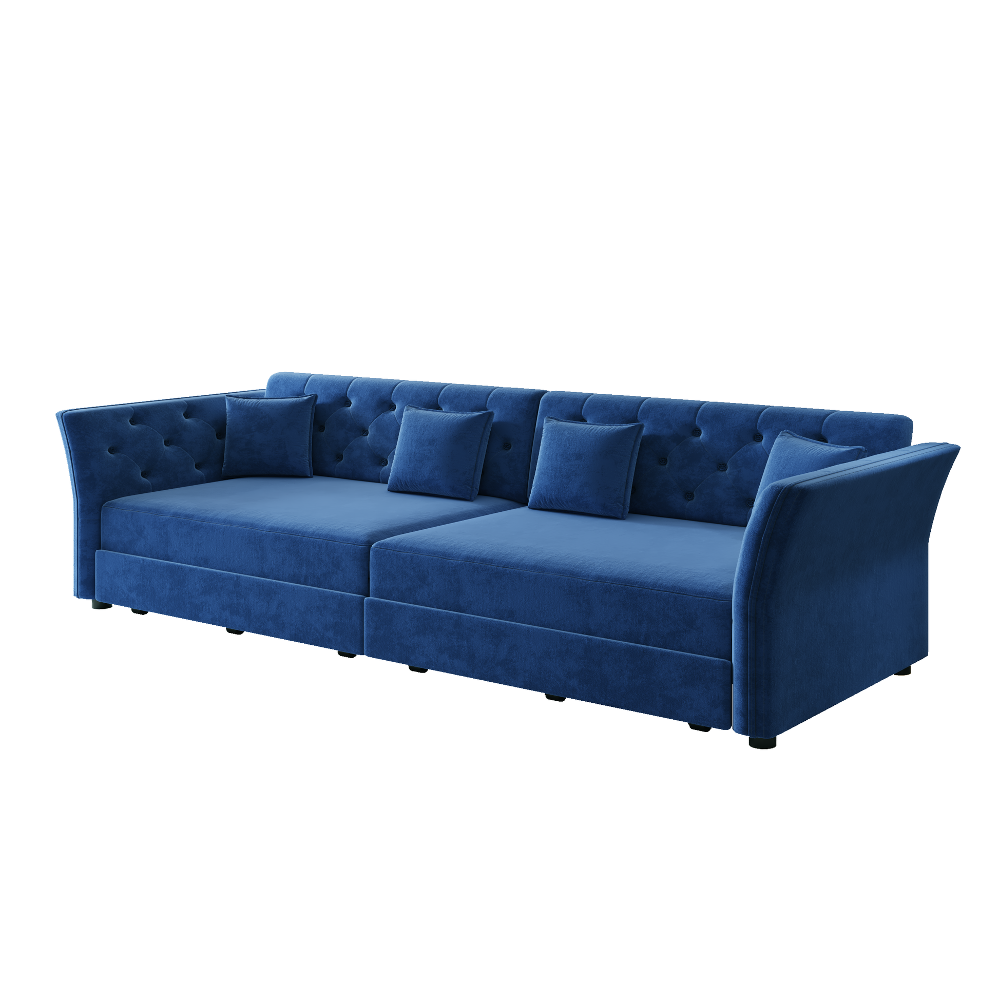 Brockton blue velvet oversize pull-out sleeper sofa bed showing front angled view isolated on white background