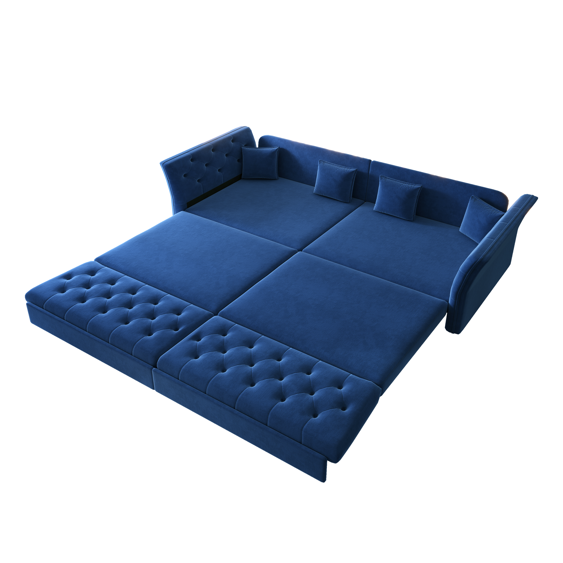 Brockton blue velvet oversize pull-out sleeper sofa bed showing angled sleeper configuration isolated on white background