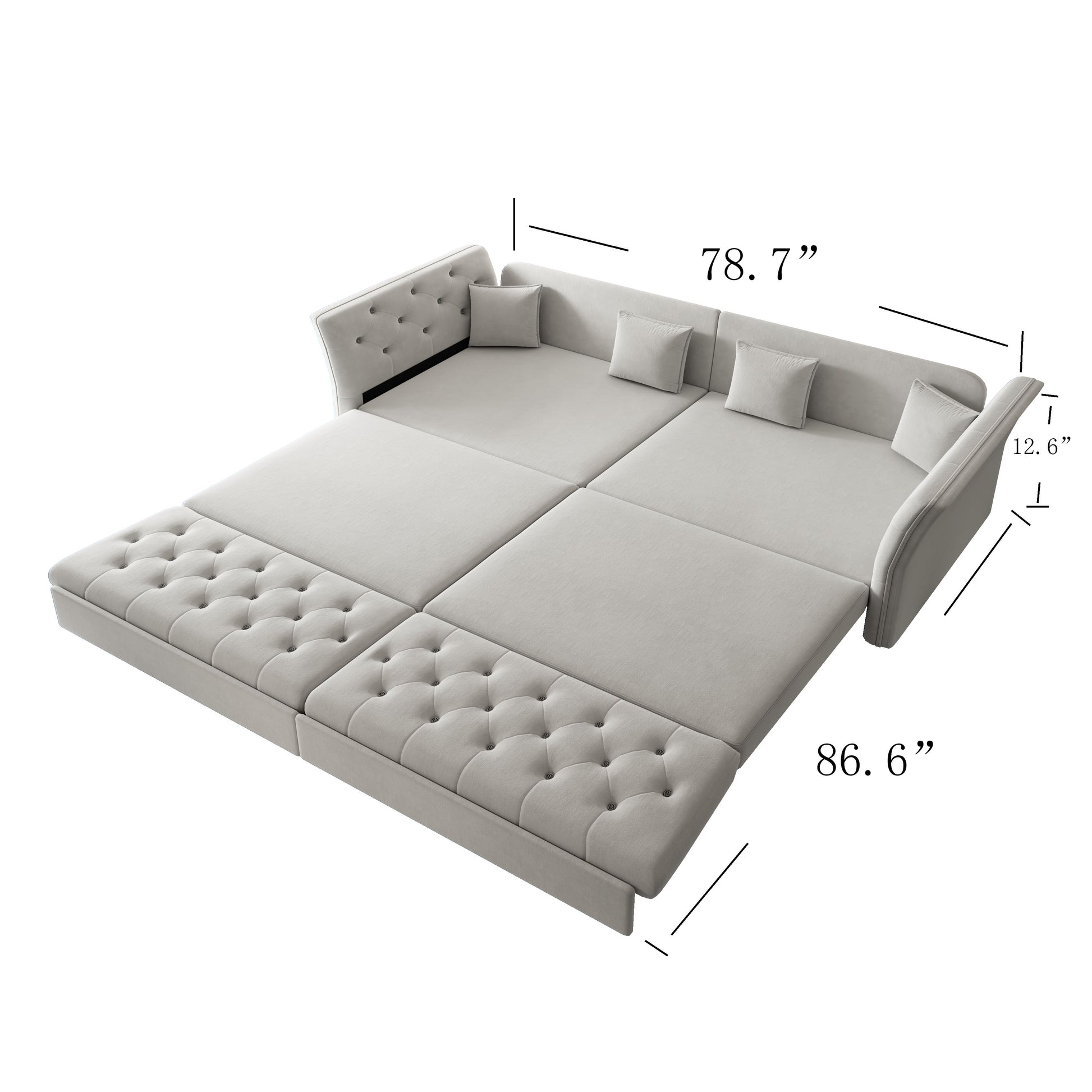 Brockton light gray velvet oversize pull-out sleeper sofa bed dimension image showing overall sleeper size and height measurements