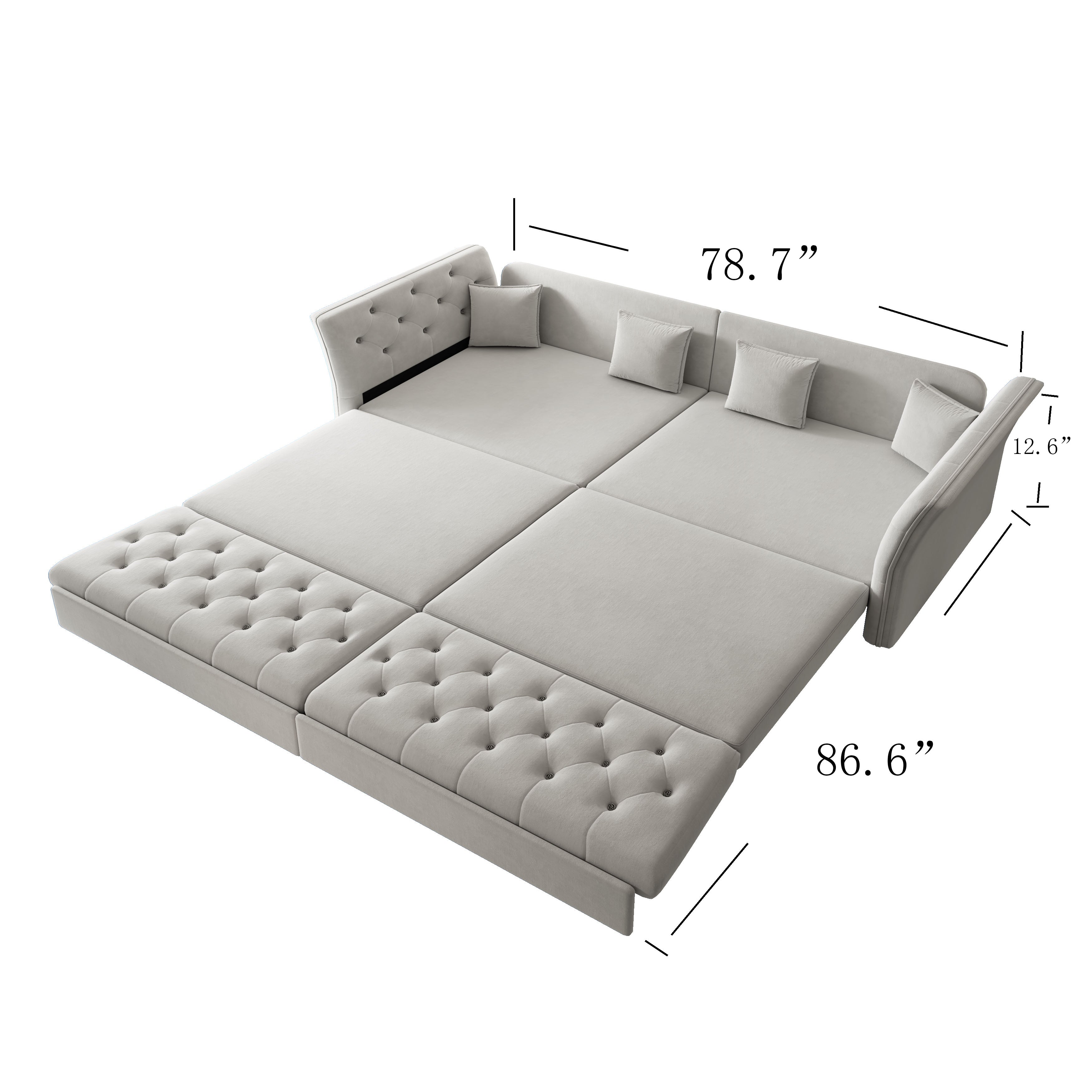 Brockton light gray velvet oversize pull-out sleeper sofa bed dimension image showing overall sleeper size and height measurements
