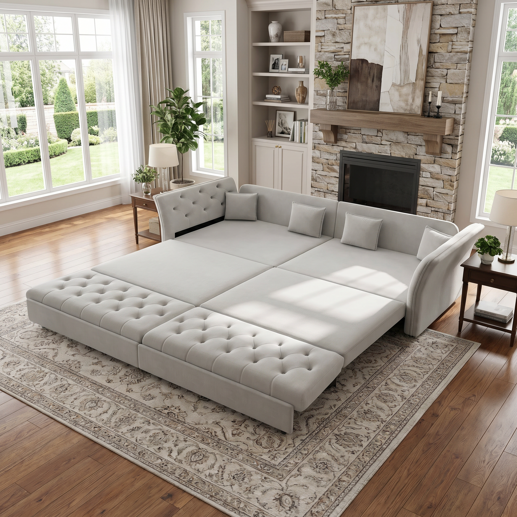Brockton light gray velvet oversize pull-out sleeper sofa bed displayed in spacious living room in sleeper mode