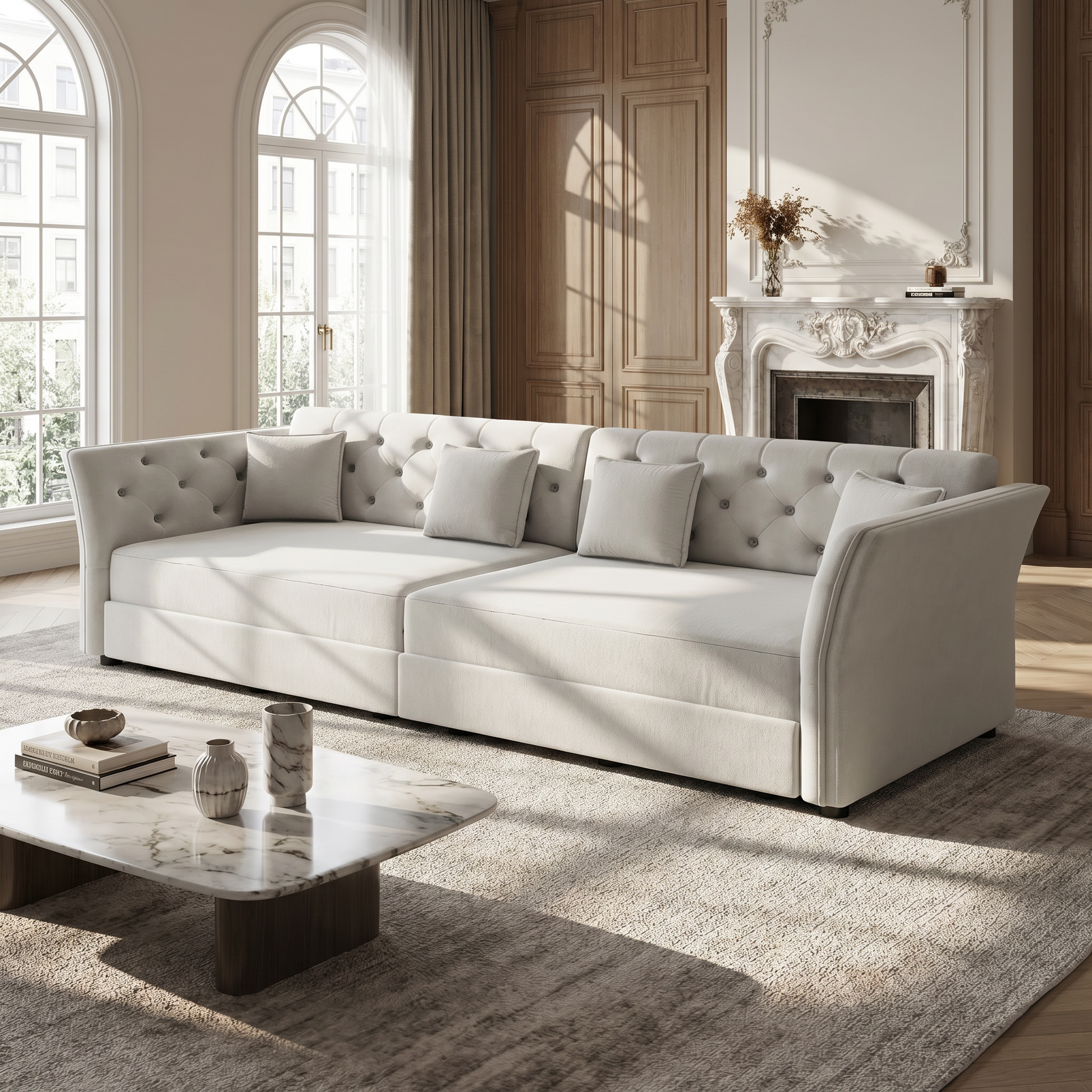 Brockton light gray velvet oversize pull-out sleeper sofa bed styled in elegant modern living room