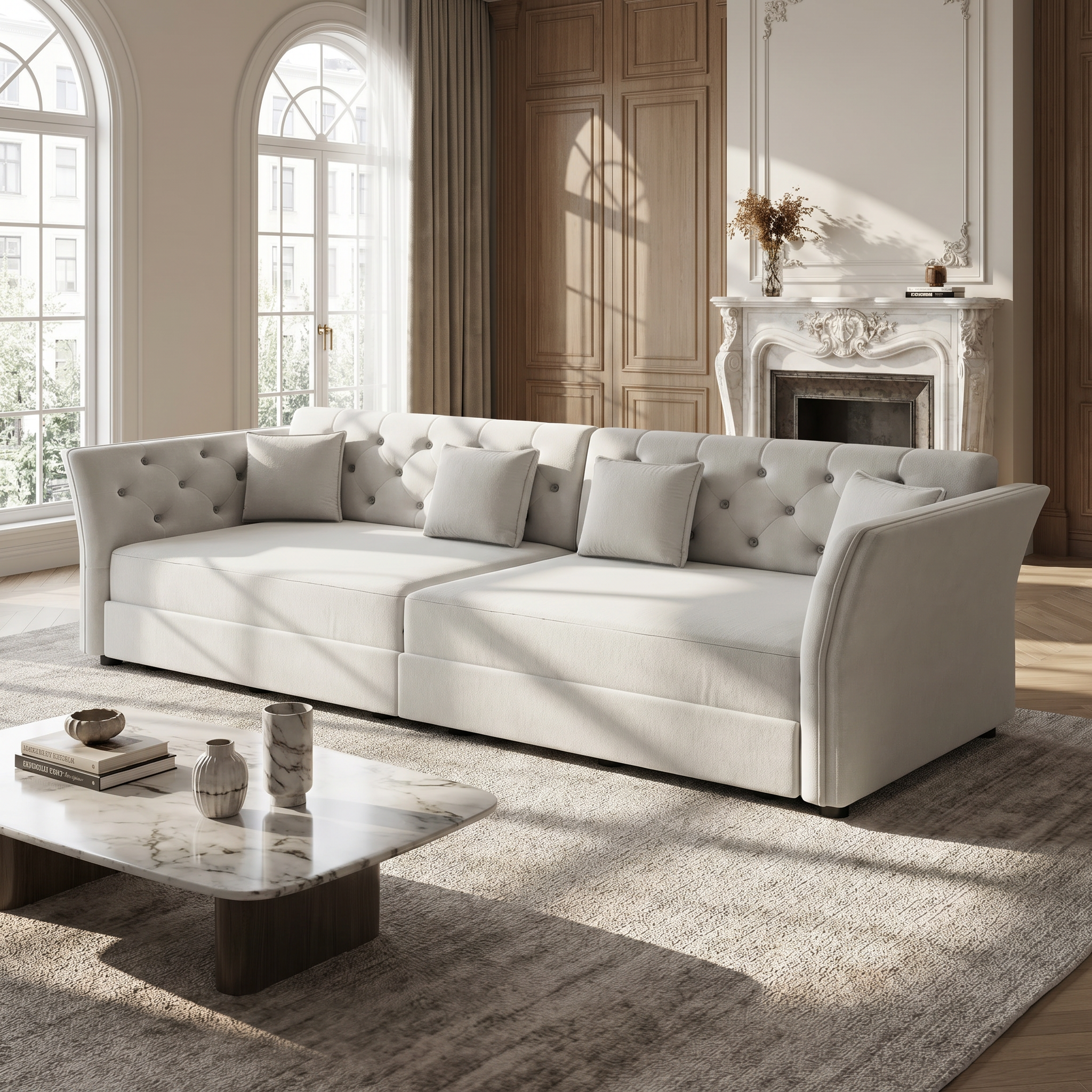 Brockton light gray velvet oversize pull-out sleeper sofa bed styled in elegant modern living room