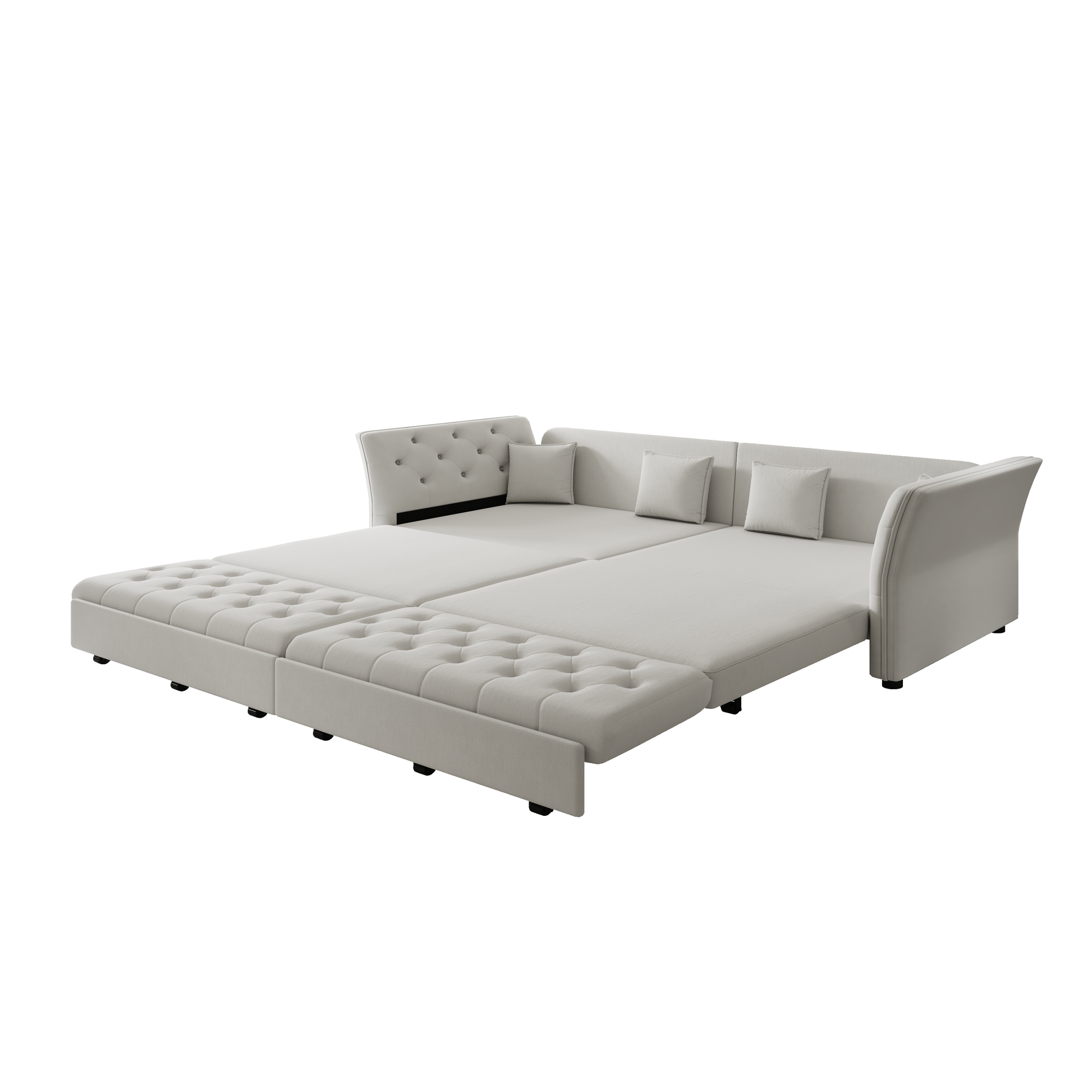 Brockton light gray velvet oversize pull-out sleeper sofa bed converted into sleeper mode isolated on white background