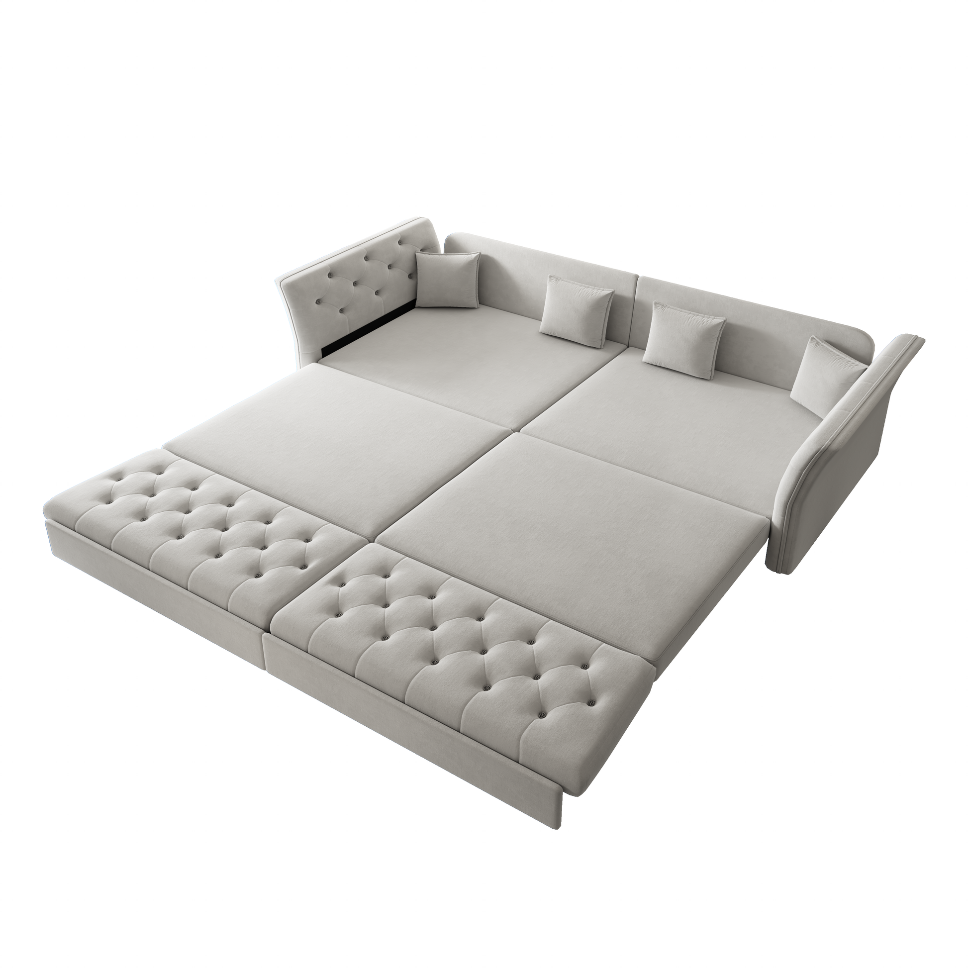 Brockton light gray velvet oversize pull-out sleeper sofa bed showing angled sleeper configuration isolated on white background