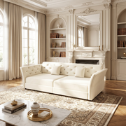 Brockton beige sleeper sofa showing tufted velvet seating in elegant classic living room with fireplace