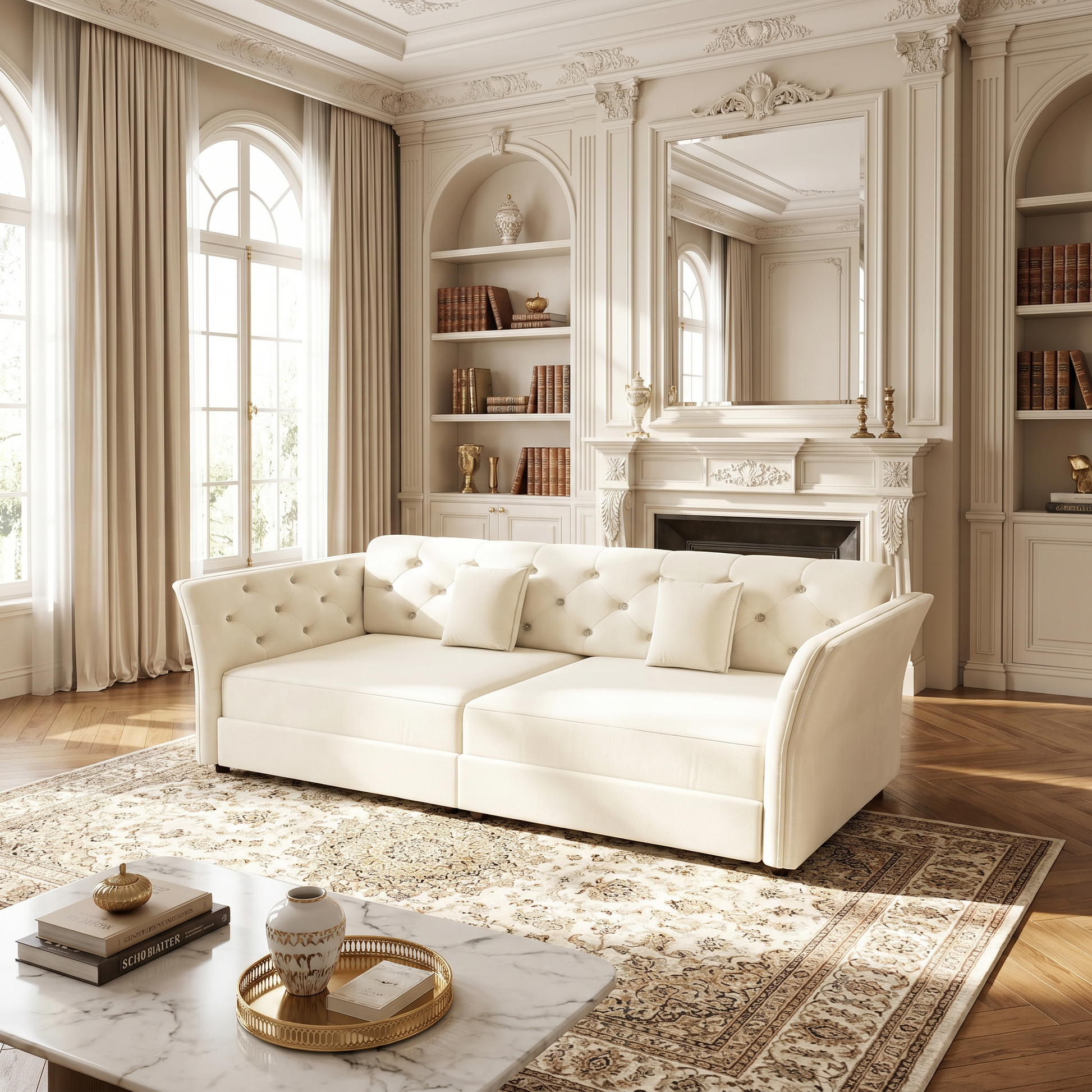 Brockton beige sleeper sofa showing tufted velvet seating in elegant classic living room with fireplace
