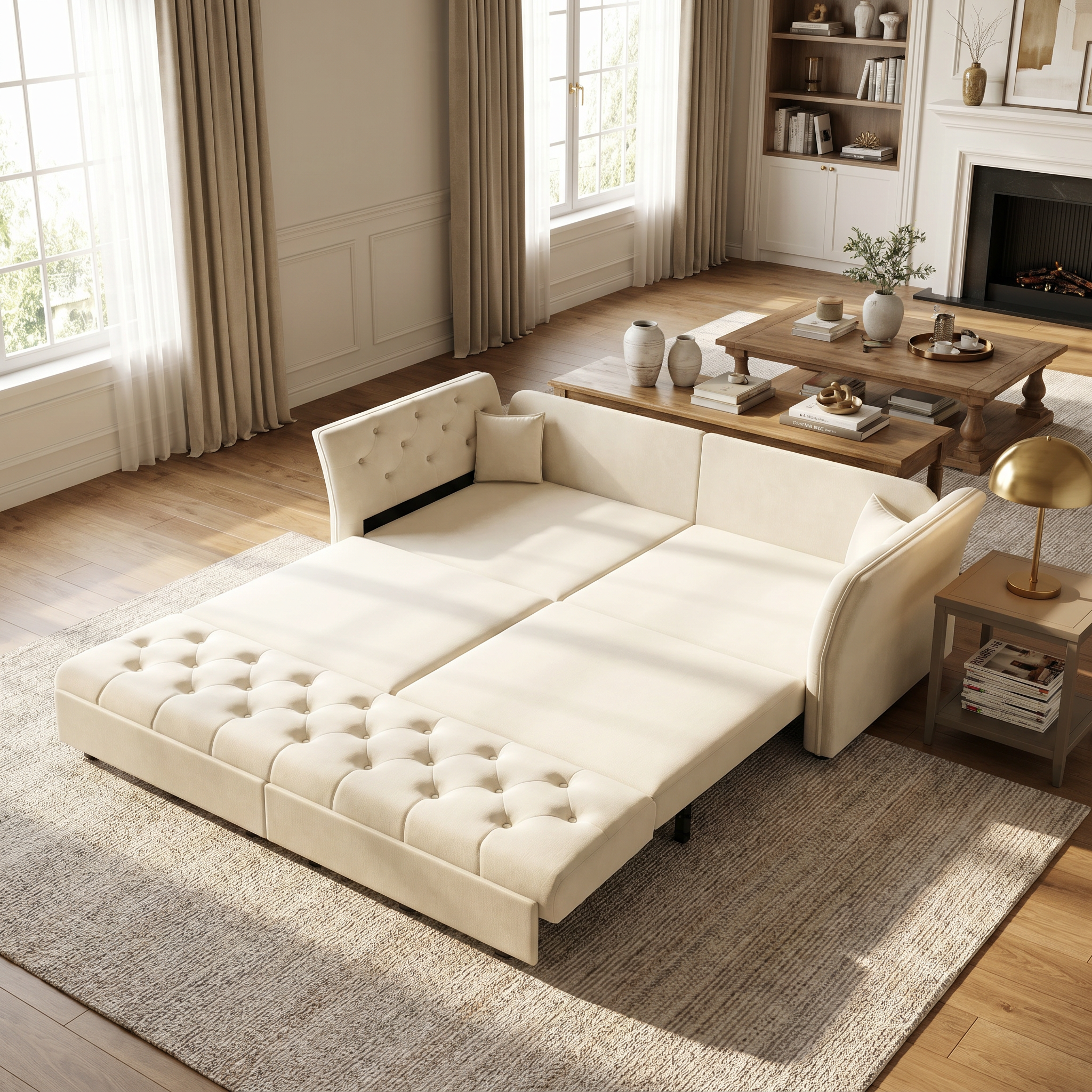 Brockton beige sleeper sofa showing queen pull out bed function in bright cozy living room with wood accents
